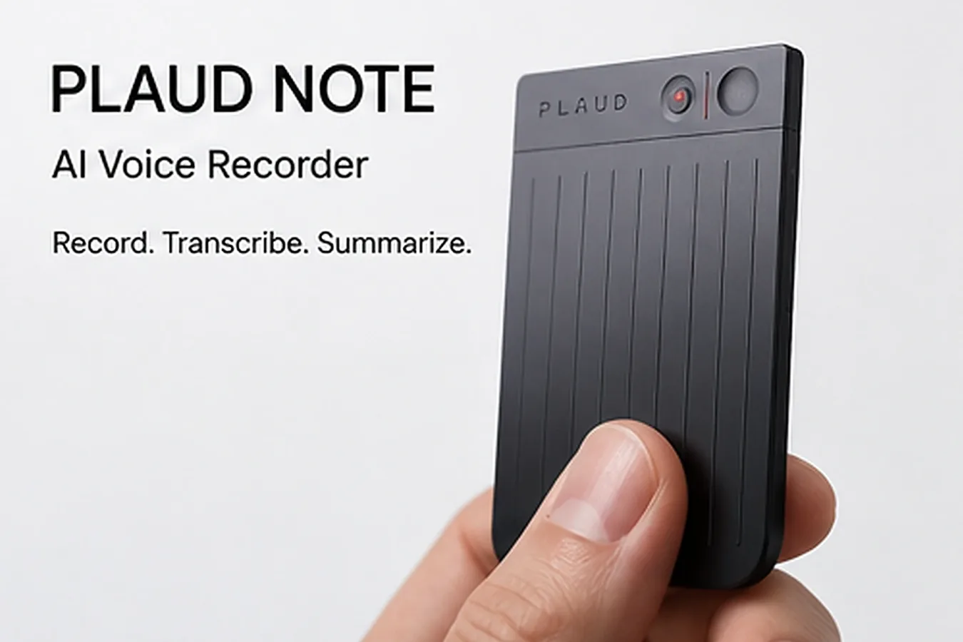 AI-generated editorial depiction of a slim card-style PLAUD Note voice recorder held in one hand