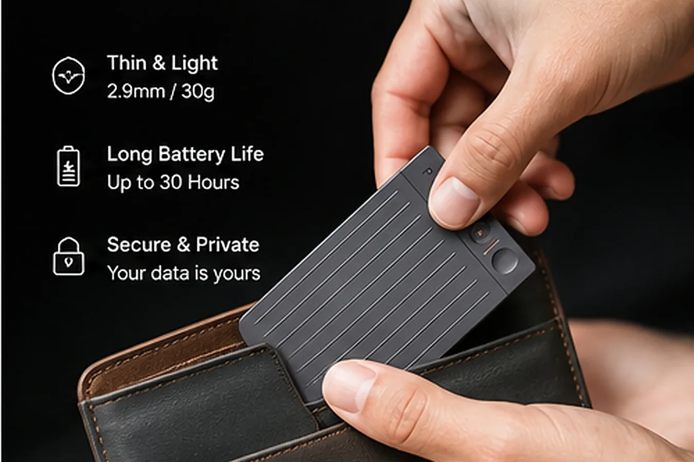 AI-generated depiction of a slim card-style AI recorder being placed into a wallet