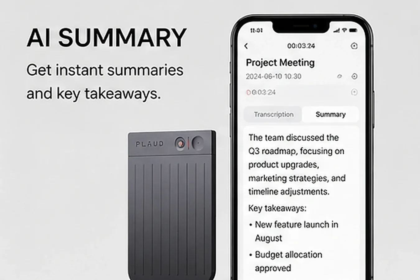 AI-generated illustration of an AI recorder beside a phone showing a summarized meeting note