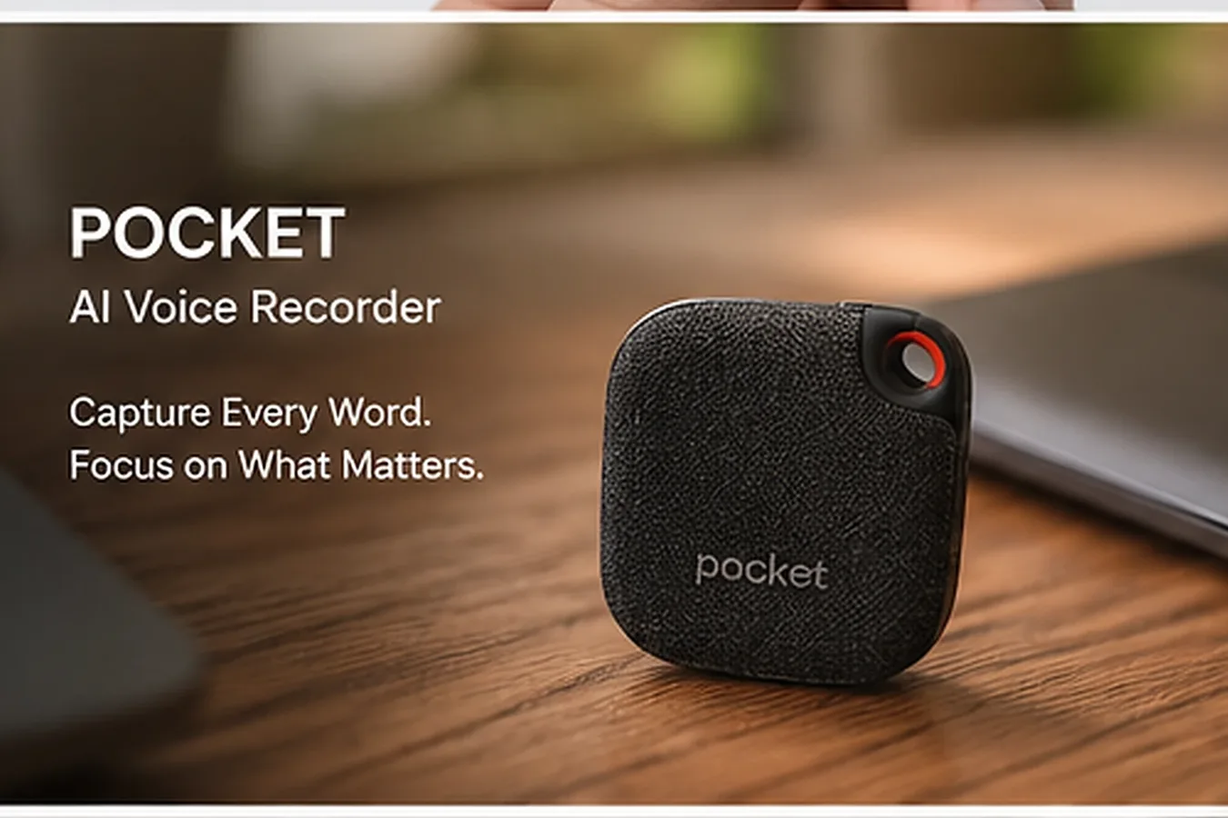 AI-generated editorial depiction of a compact square AI voice recorder on a desk