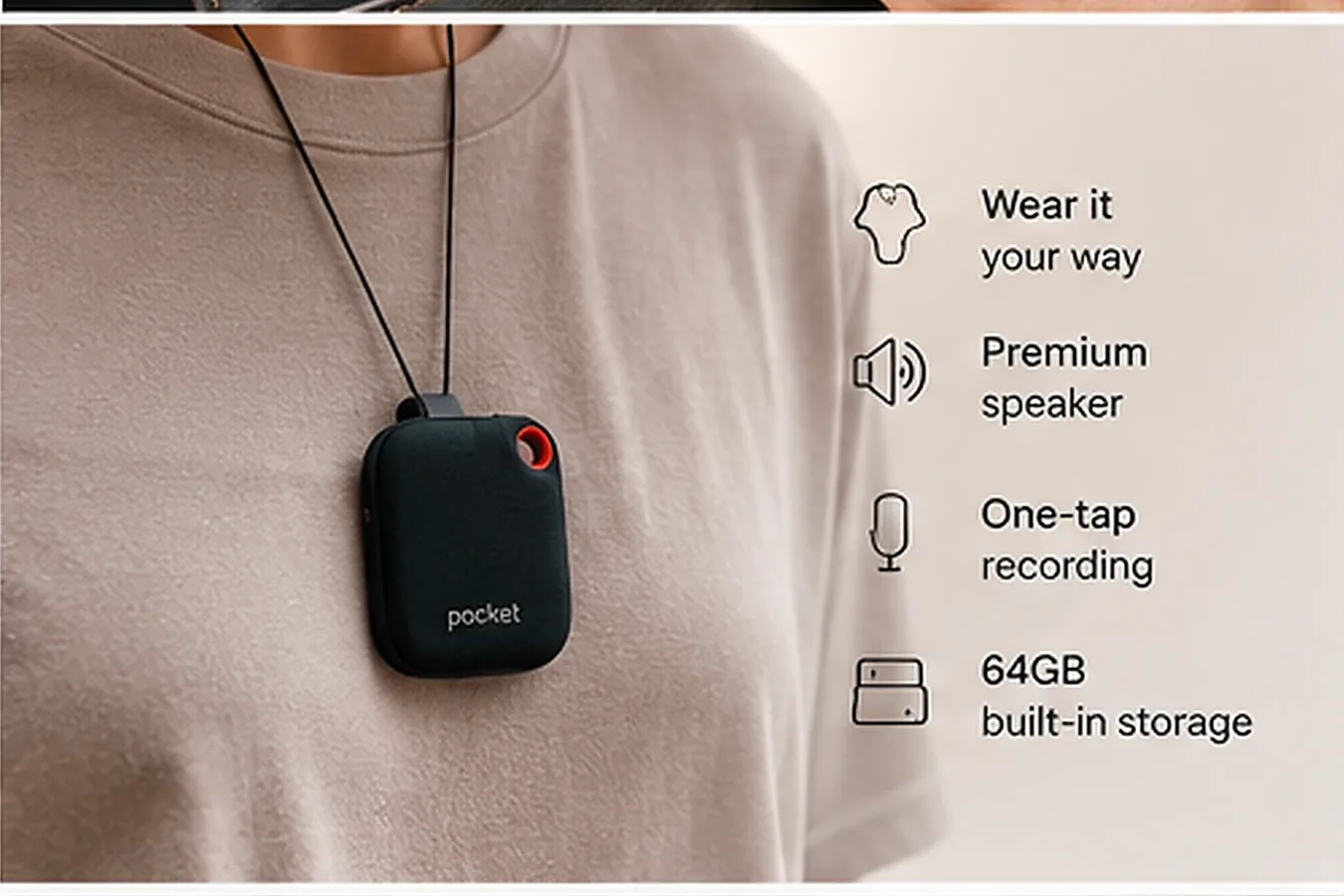 AI-generated illustration of a compact wearable AI recorder hanging from a neck cord