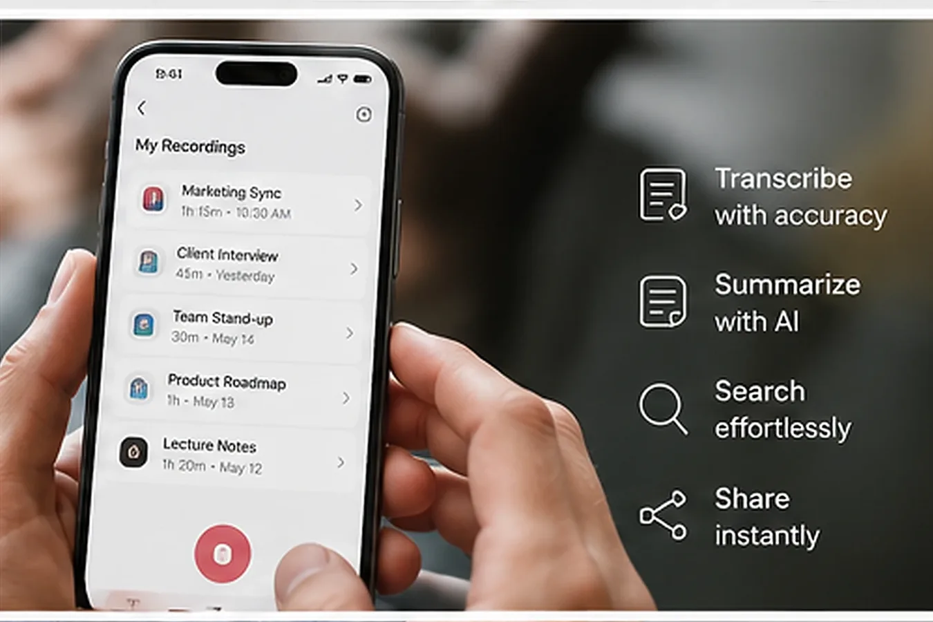 Phone displaying a list of recordings beside icons for transcription, AI summaries, search and sharing