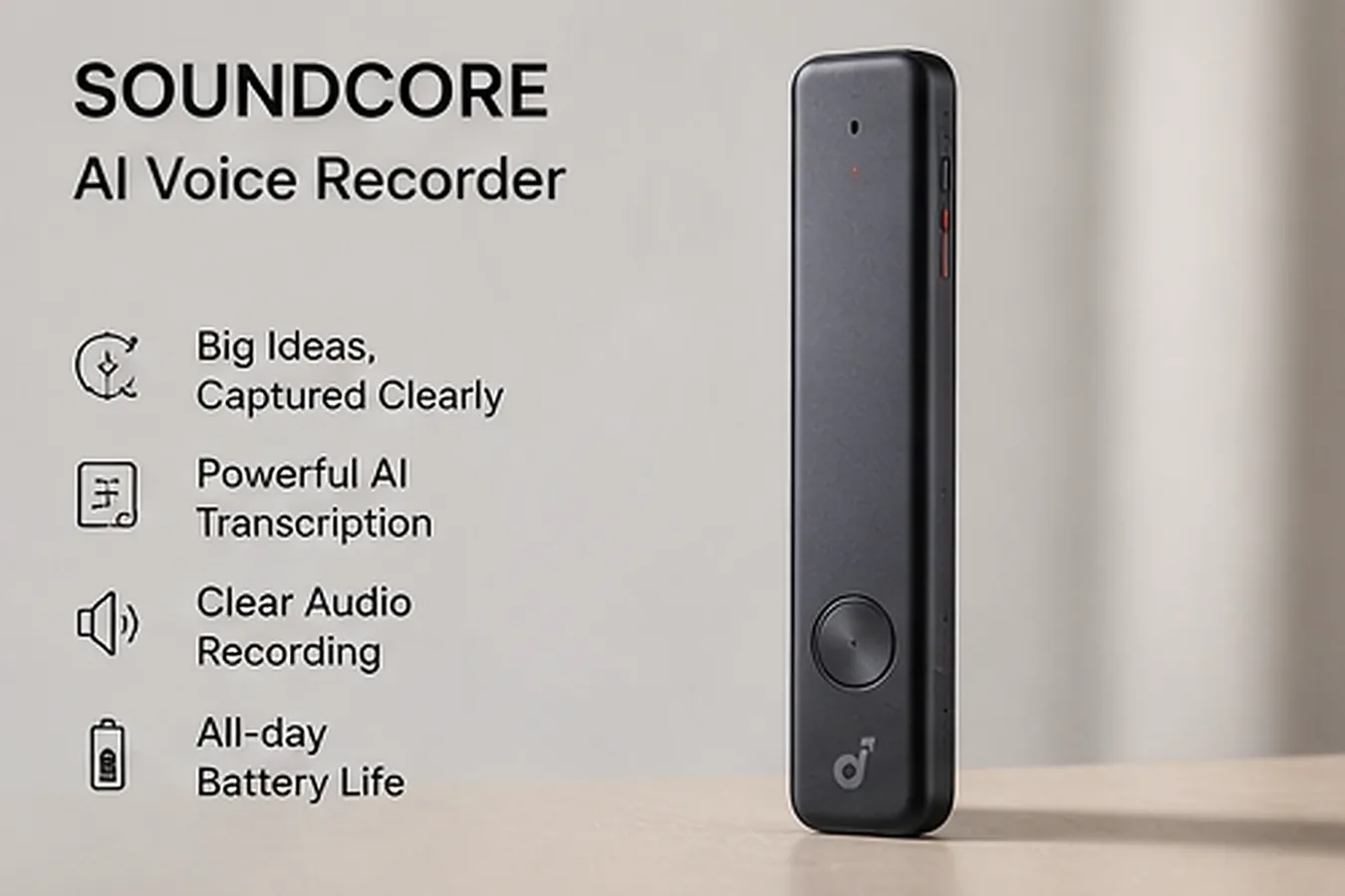 AI-generated editorial depiction of a slim stick-style AI voice recorder