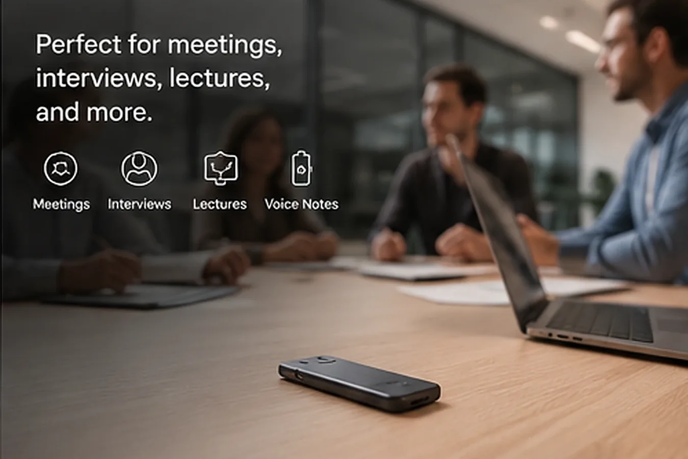 AI-generated office meeting scene with a compact recorder placed on the conference table