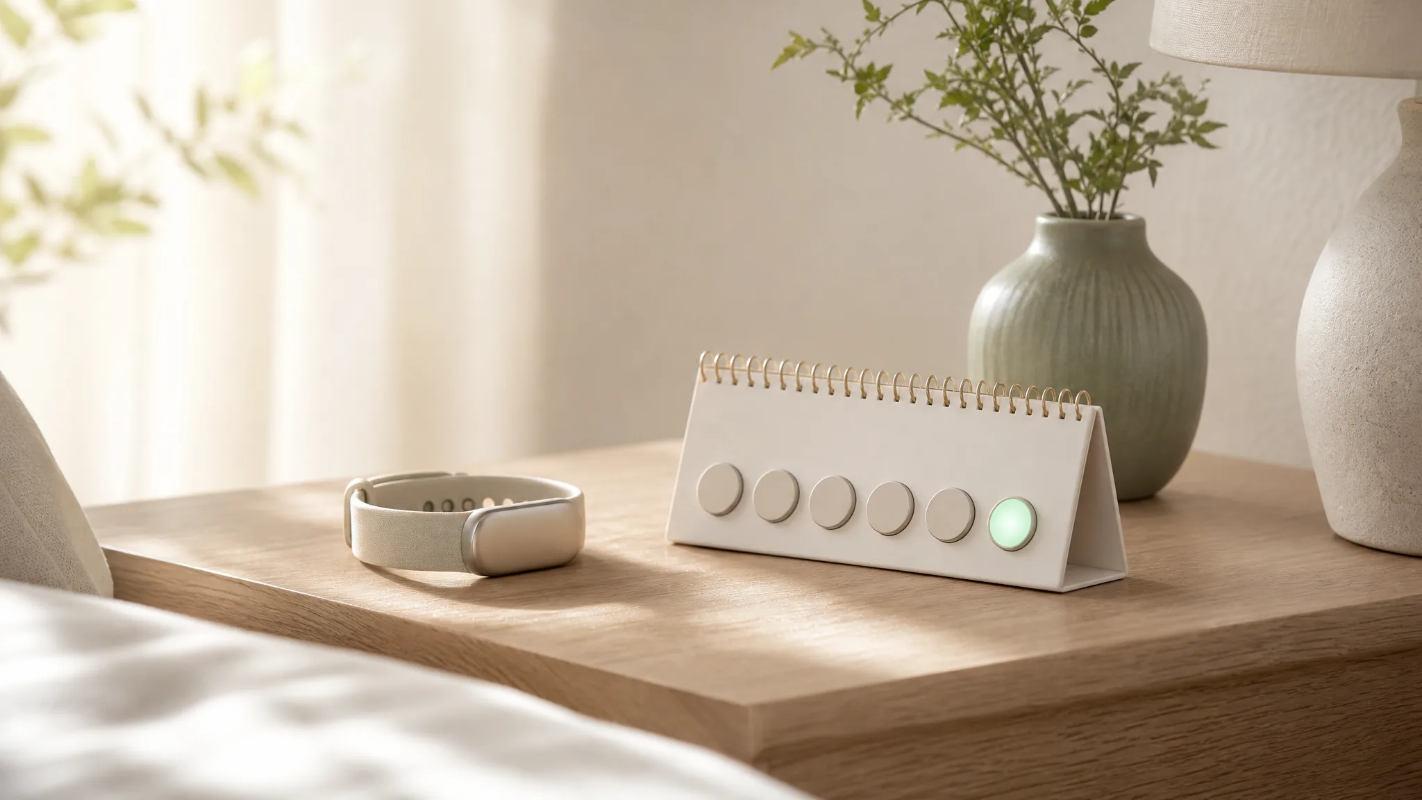 The wristband device on a nightstand with a subtle seven-day calendar hint of light