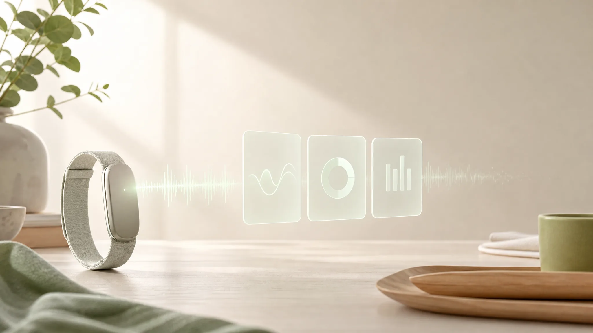 Sound waves flowing from the wristband into soft abstract daily-summary cards and fading away