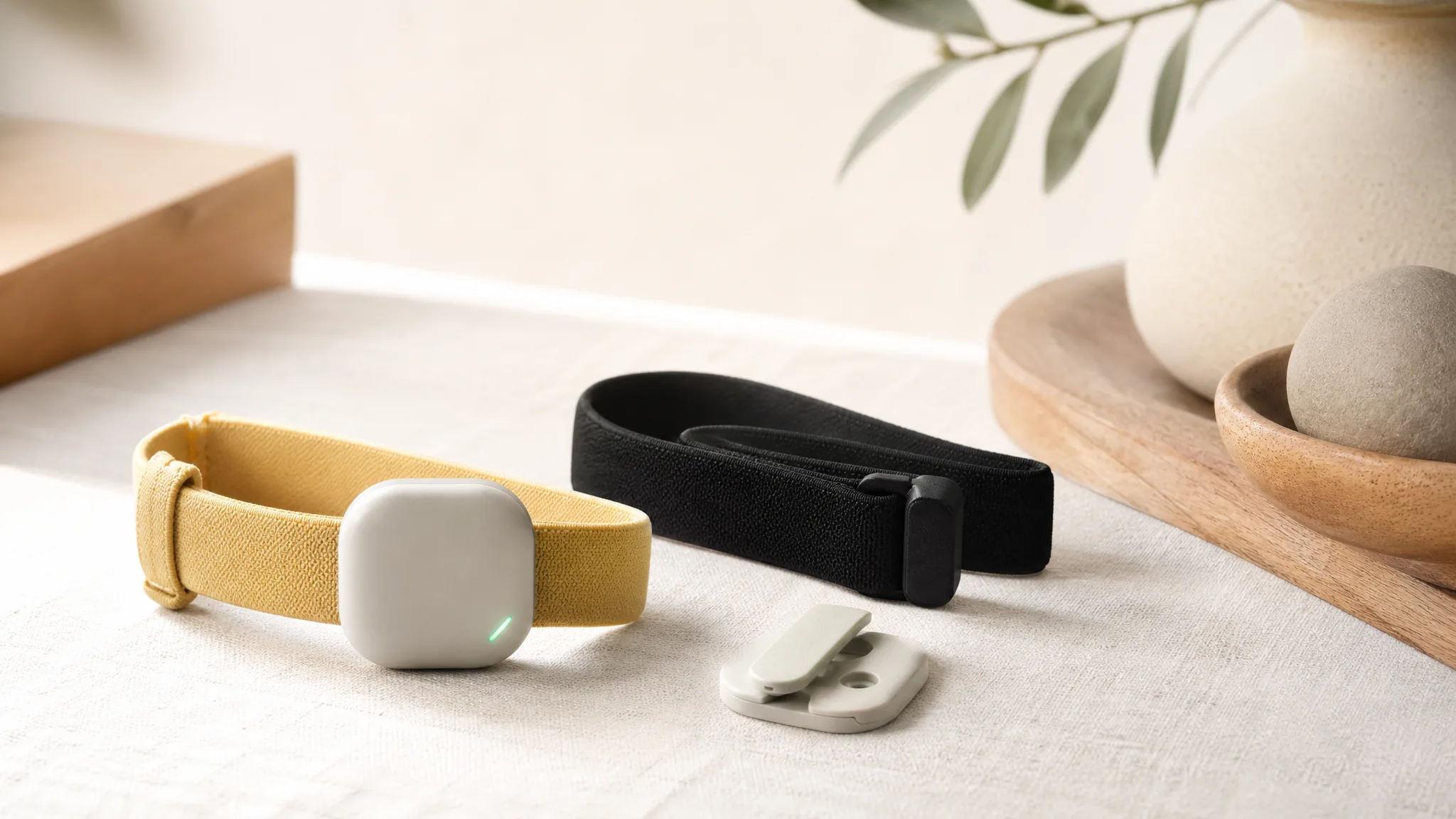 A small rounded square AI device on a fabric wristband beside a charging cable