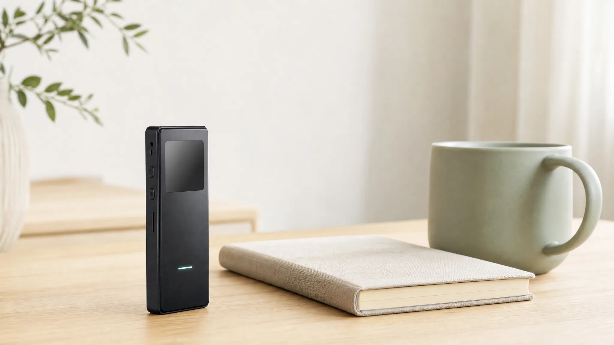 A slim black credit-card-sized voice recorder with a small screen resting on a light oak desk beside a notebook