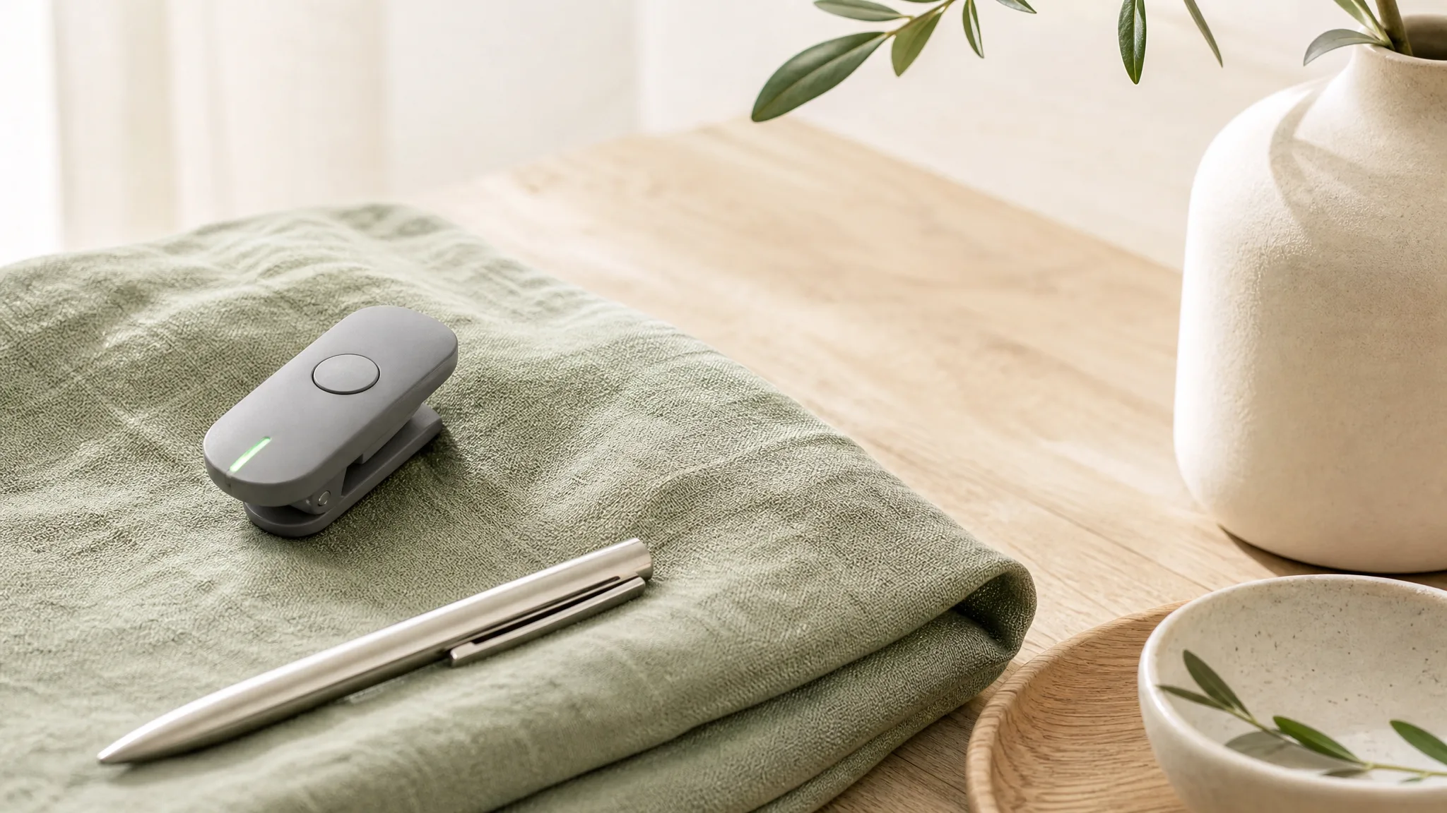 A small rounded rectangular clip device in gray with a single button, resting on a sage-green cloth beside a pen