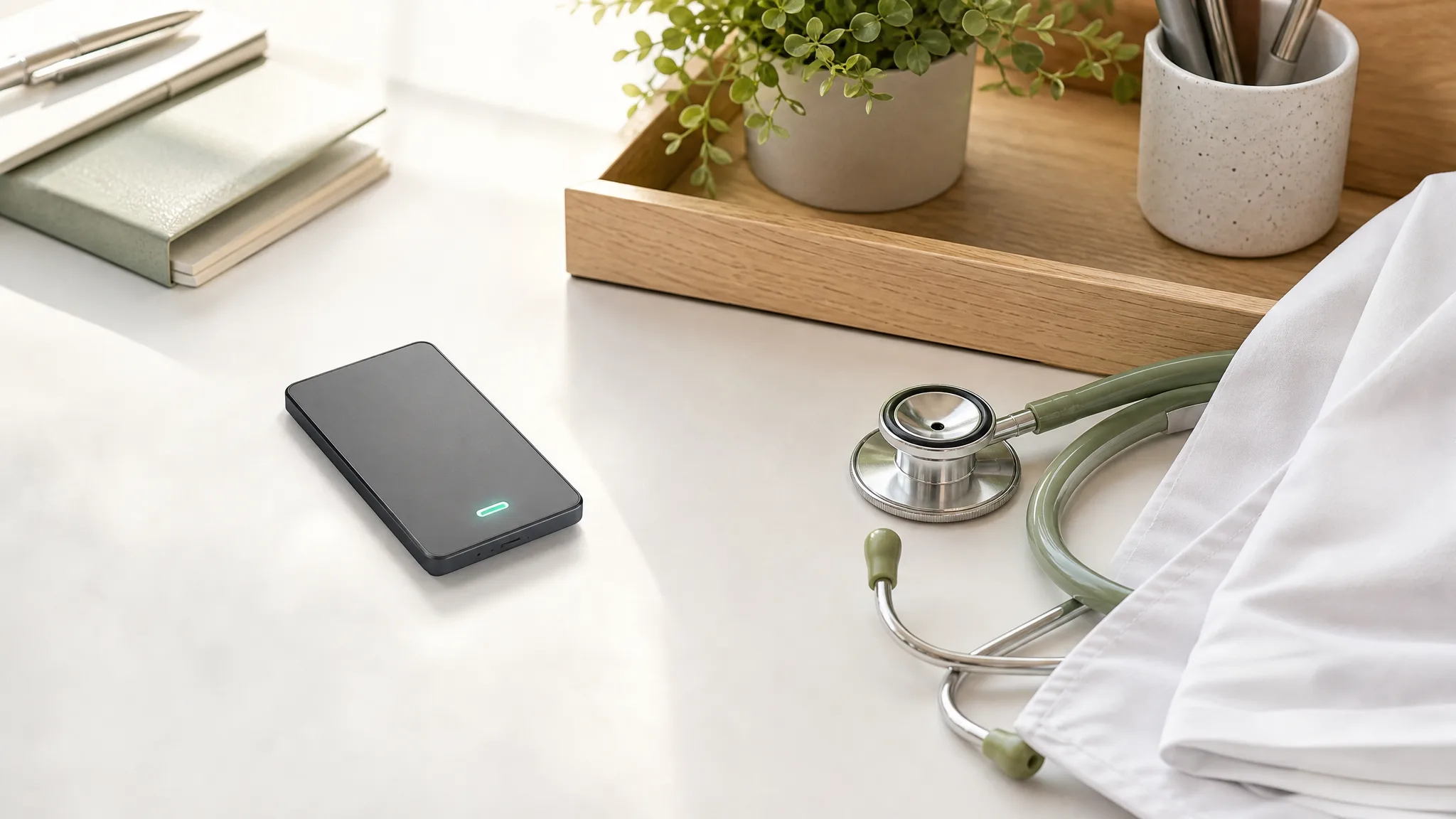 A slim card recorder on a physician's desk beside a stethoscope and white coat sleeve