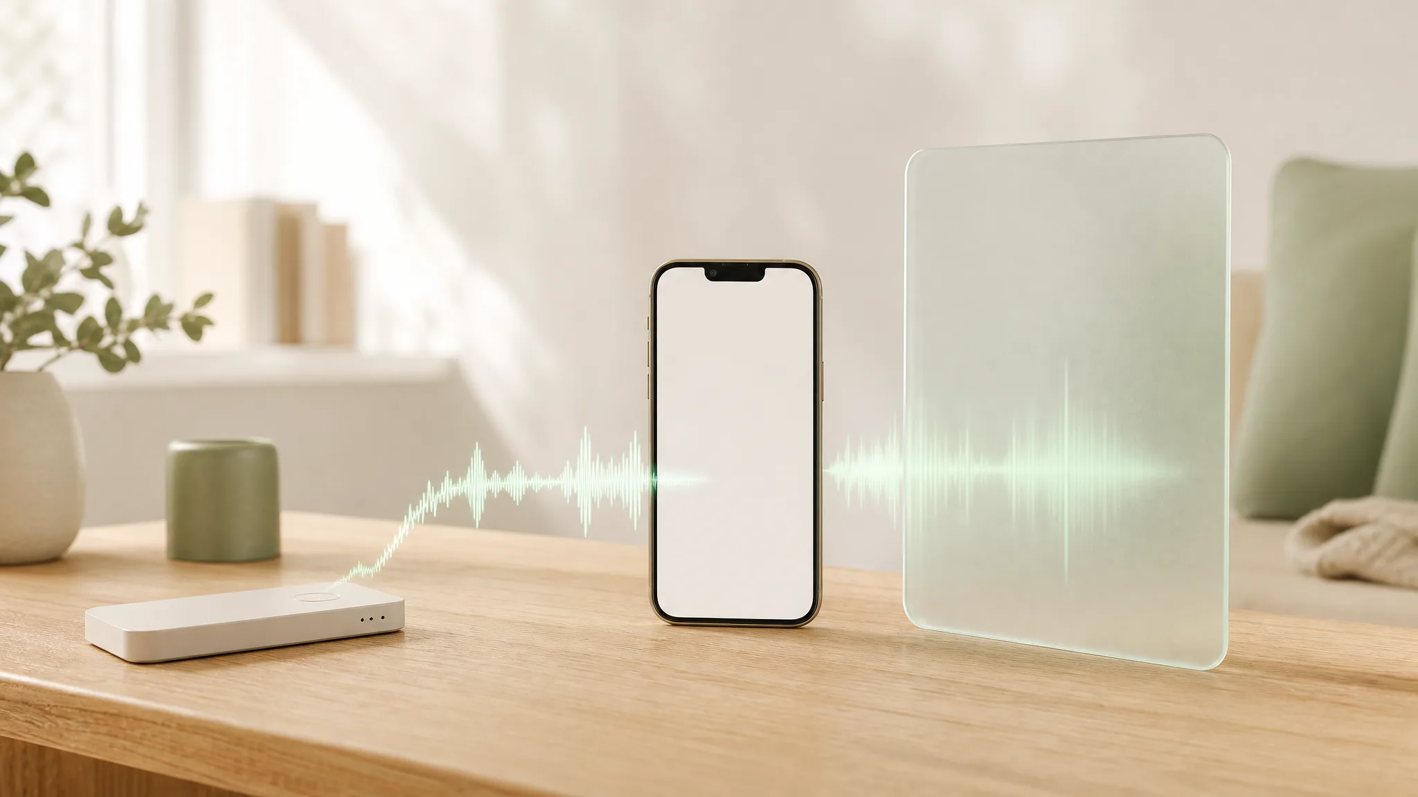 A recorder's waveform passing through a phone and ending at a frosted glass shield