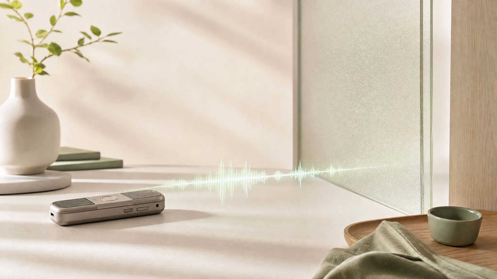 A recorder's waveform stopping gently at a frosted glass wall, no cloud in the scene