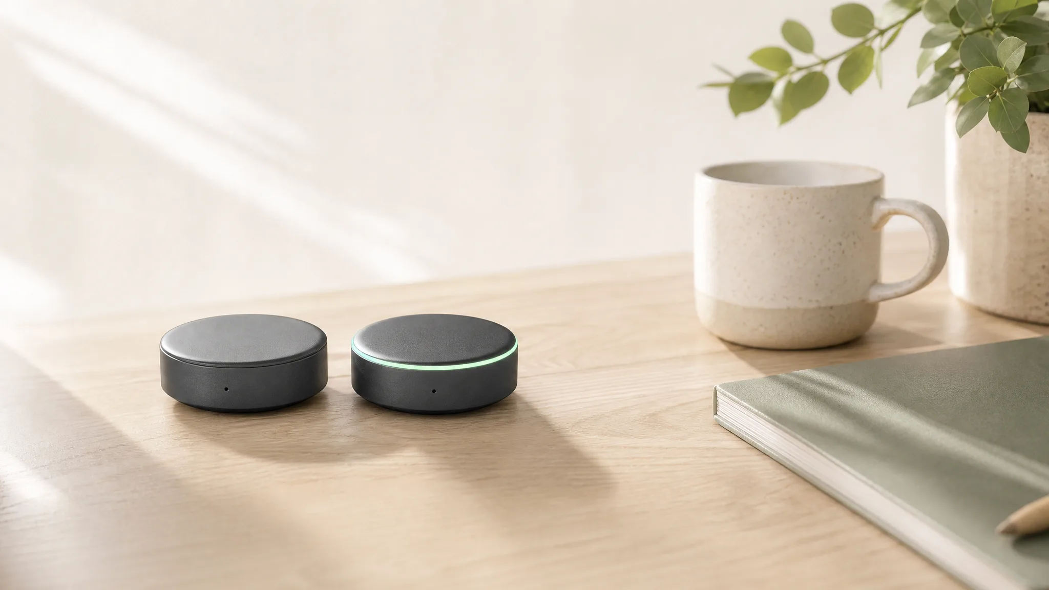 Two nearly identical cylindrical wearable recorder pucks side by side, one with a faint glowing ring