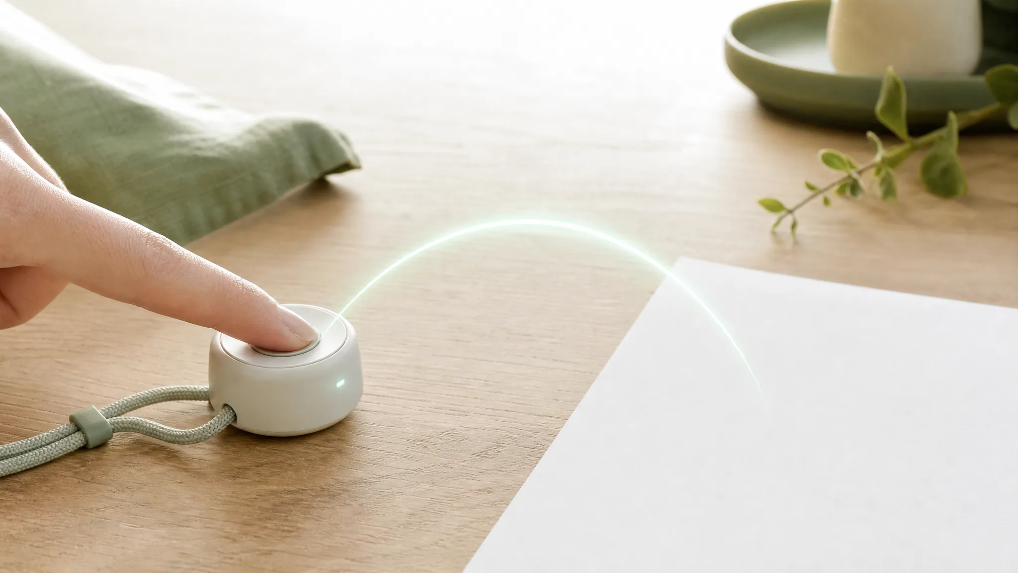 A finger pressing the button on a wearable puck, a glowing arc heading to blank paper