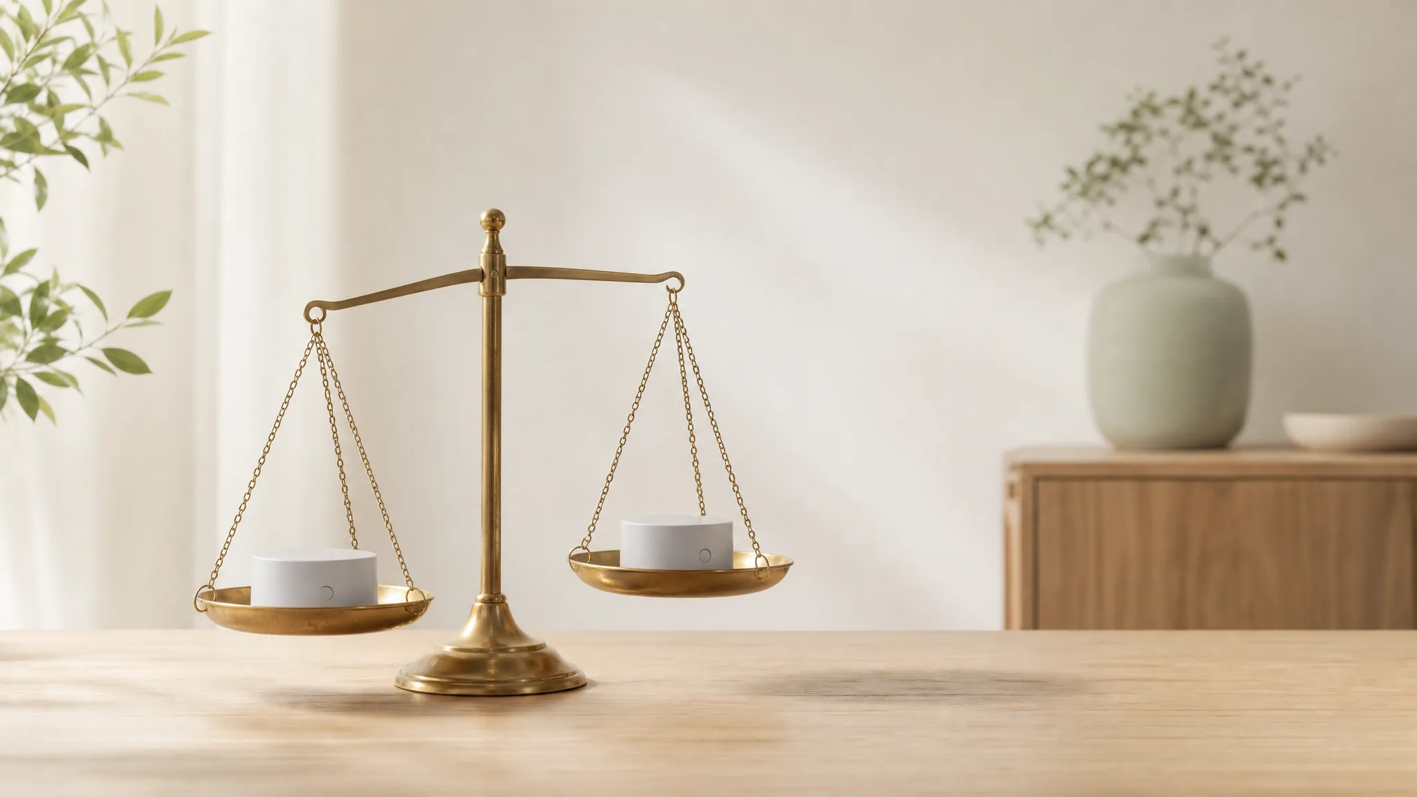 A brass balance scale holding one identical puck per pan, left slightly lower