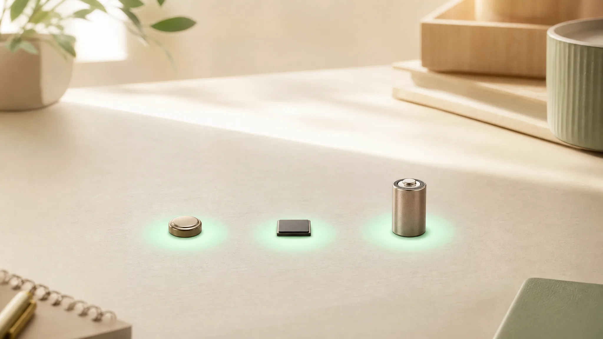 Three small objects in glowing spotlight circles: a button, a chip, a battery cell