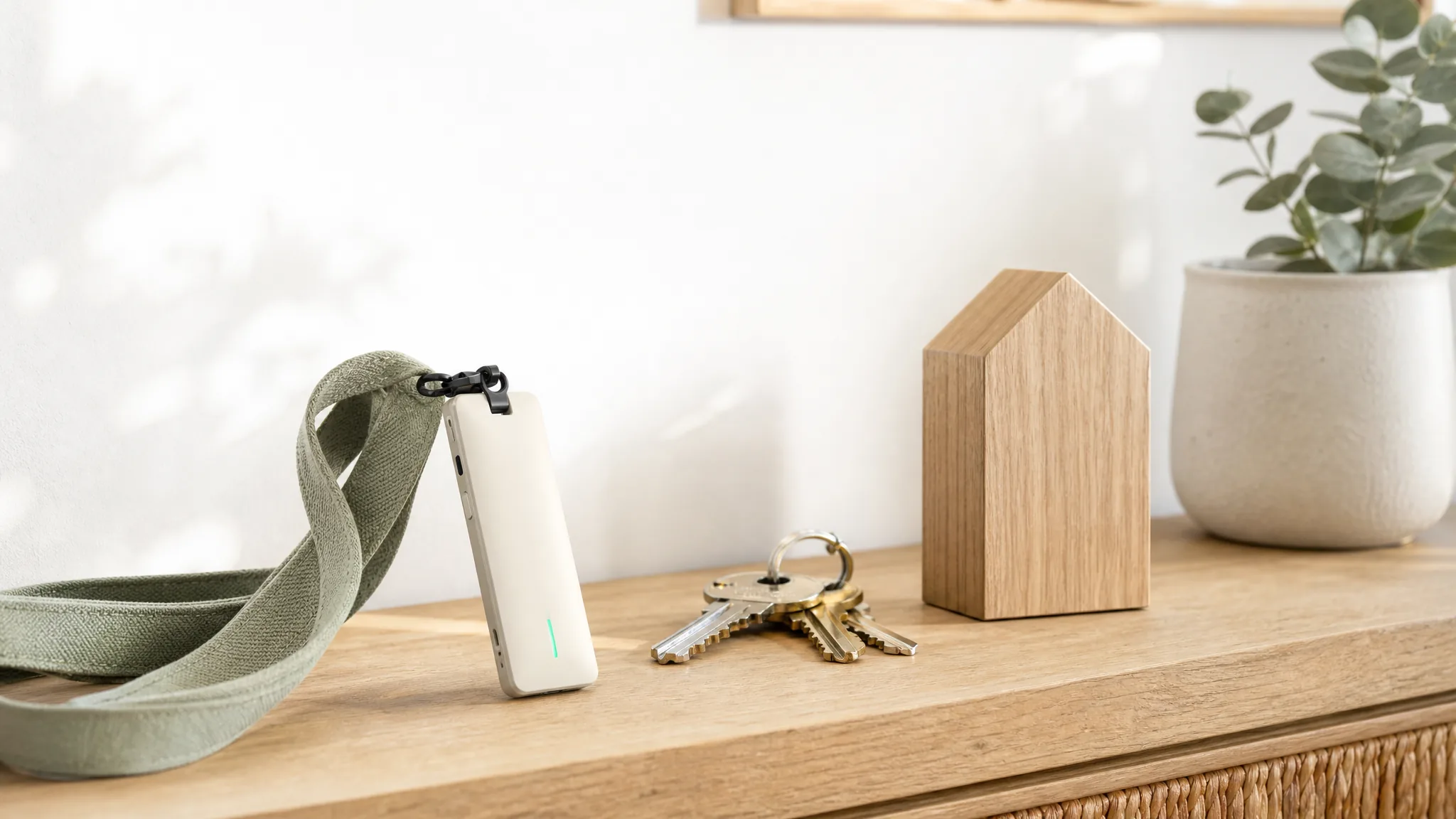 A small card-style recorder clipped to a realtor's lanyard beside house keys