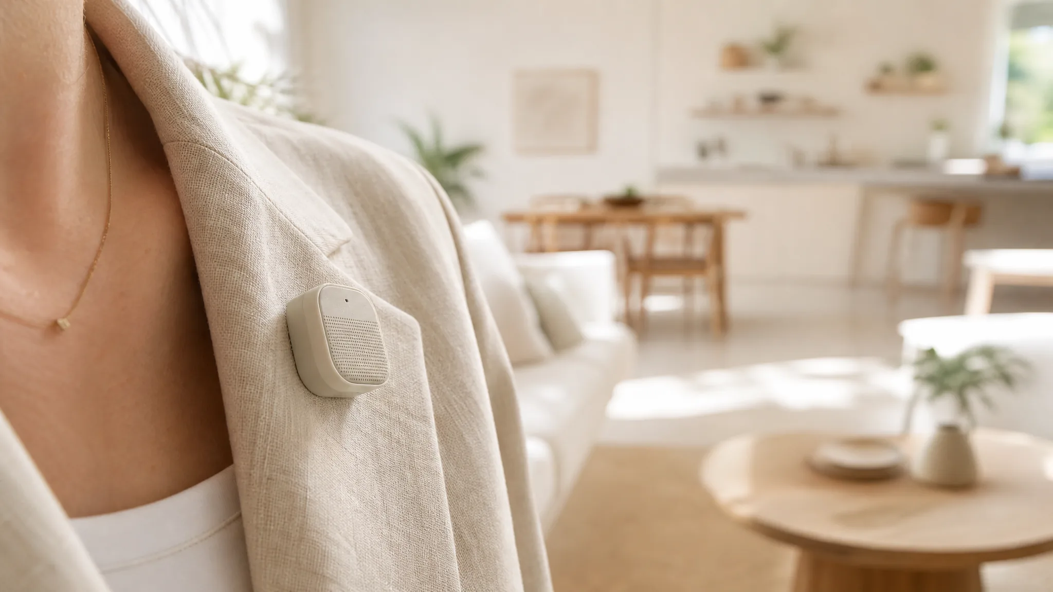 A wearable recorder on an agent's lapel during a bright home walkthrough