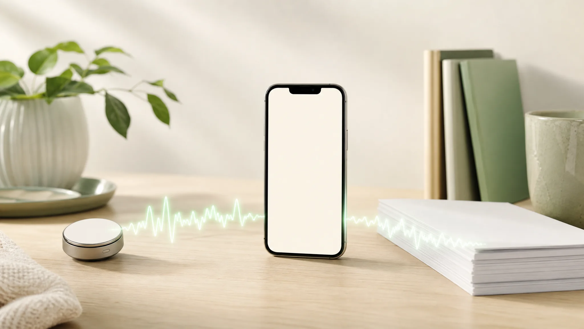 The recorder emitting a waveform into a phone, ending on blank transcript paper