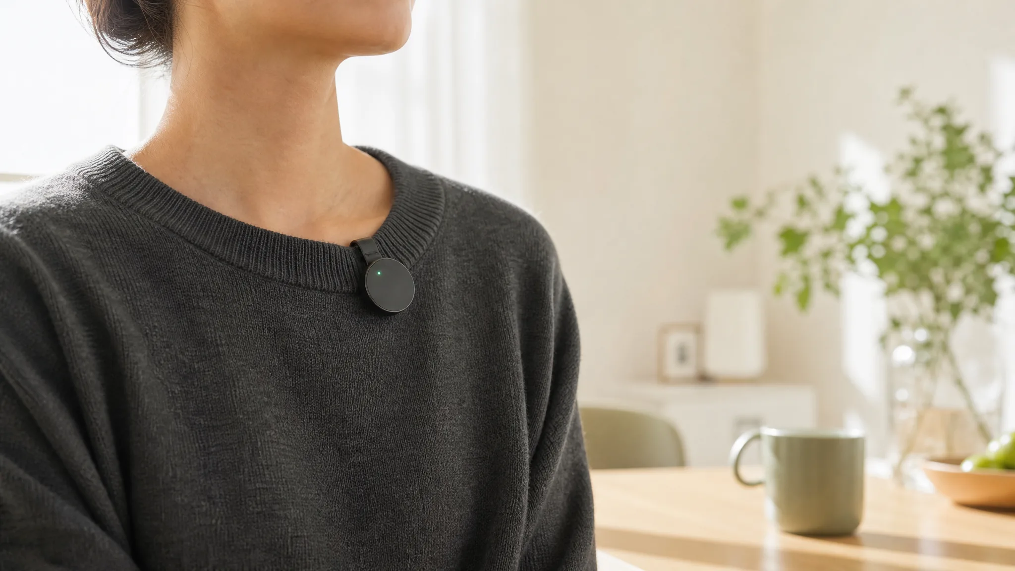 The coin recorder clipped to a charcoal knit sweater collar