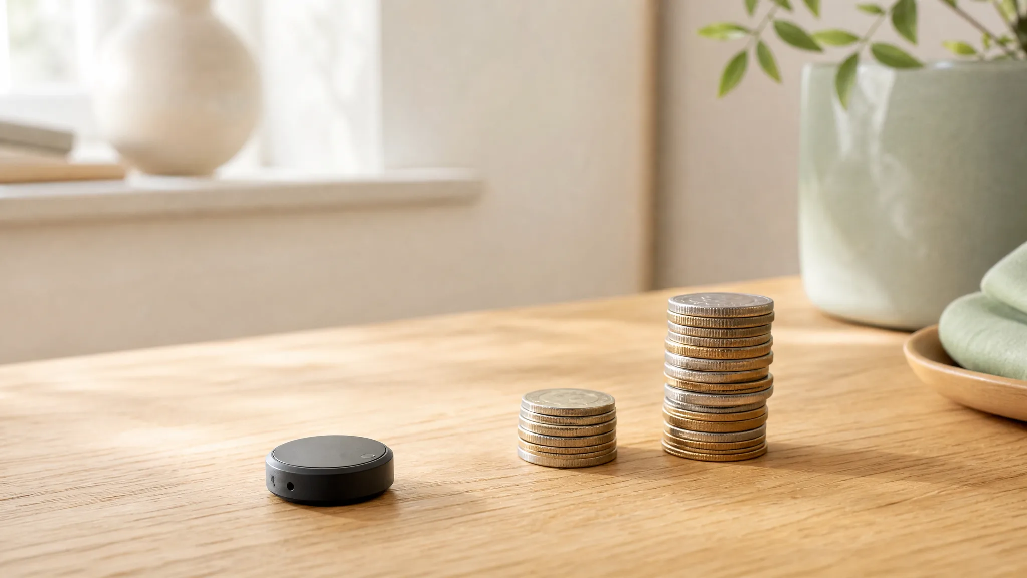 The recorder with a short coin stack near and a taller stack further away