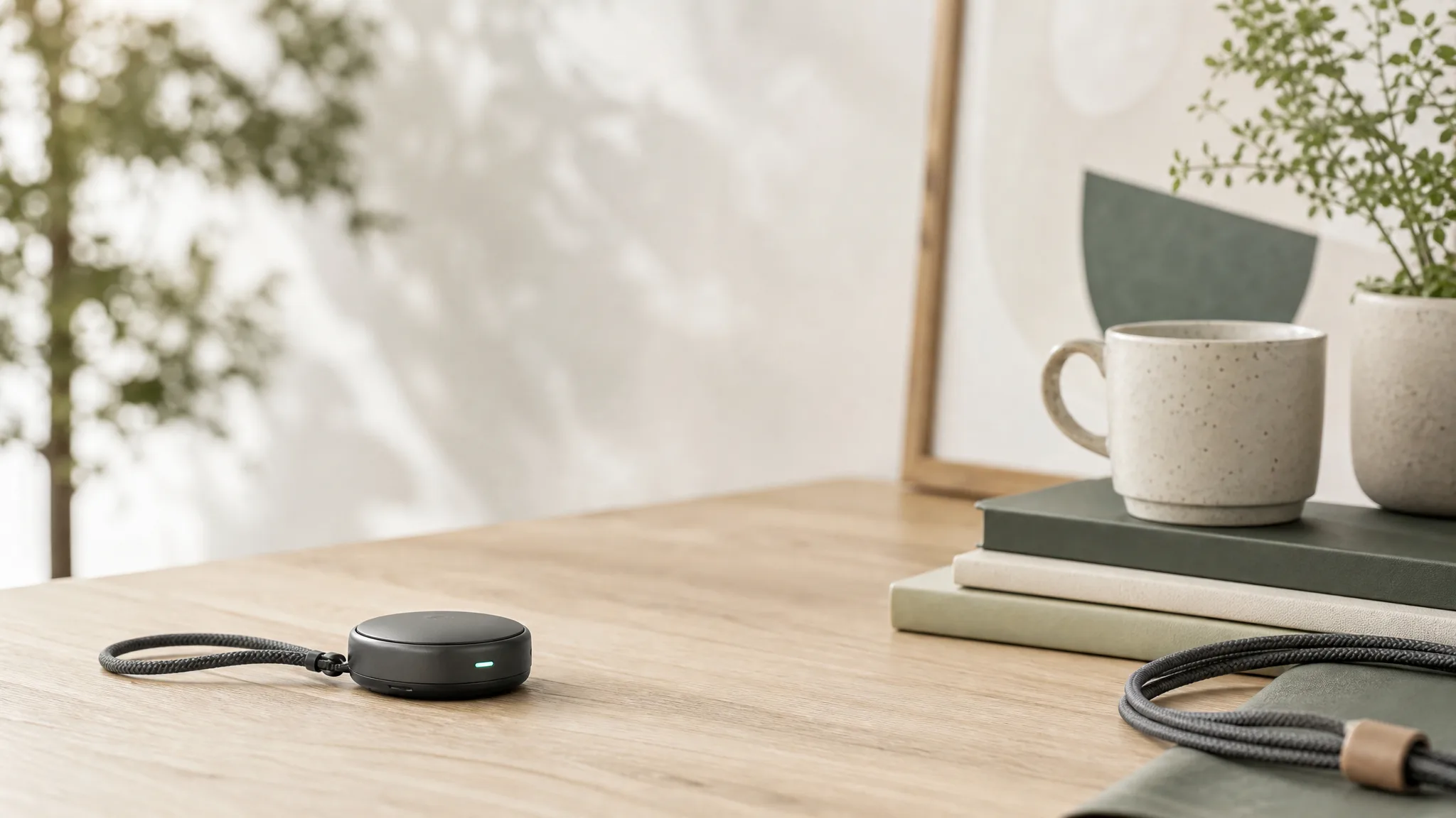 A coin-sized matte dark AI voice recorder puck on an oak desk with a fabric lanyard