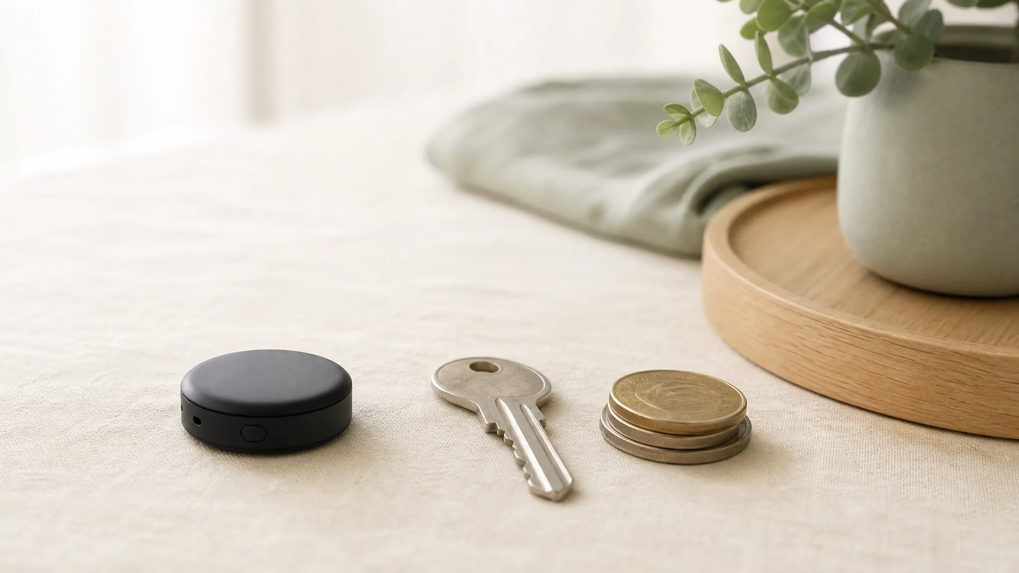 The coin-sized recorder beside a house key and coins for scale
