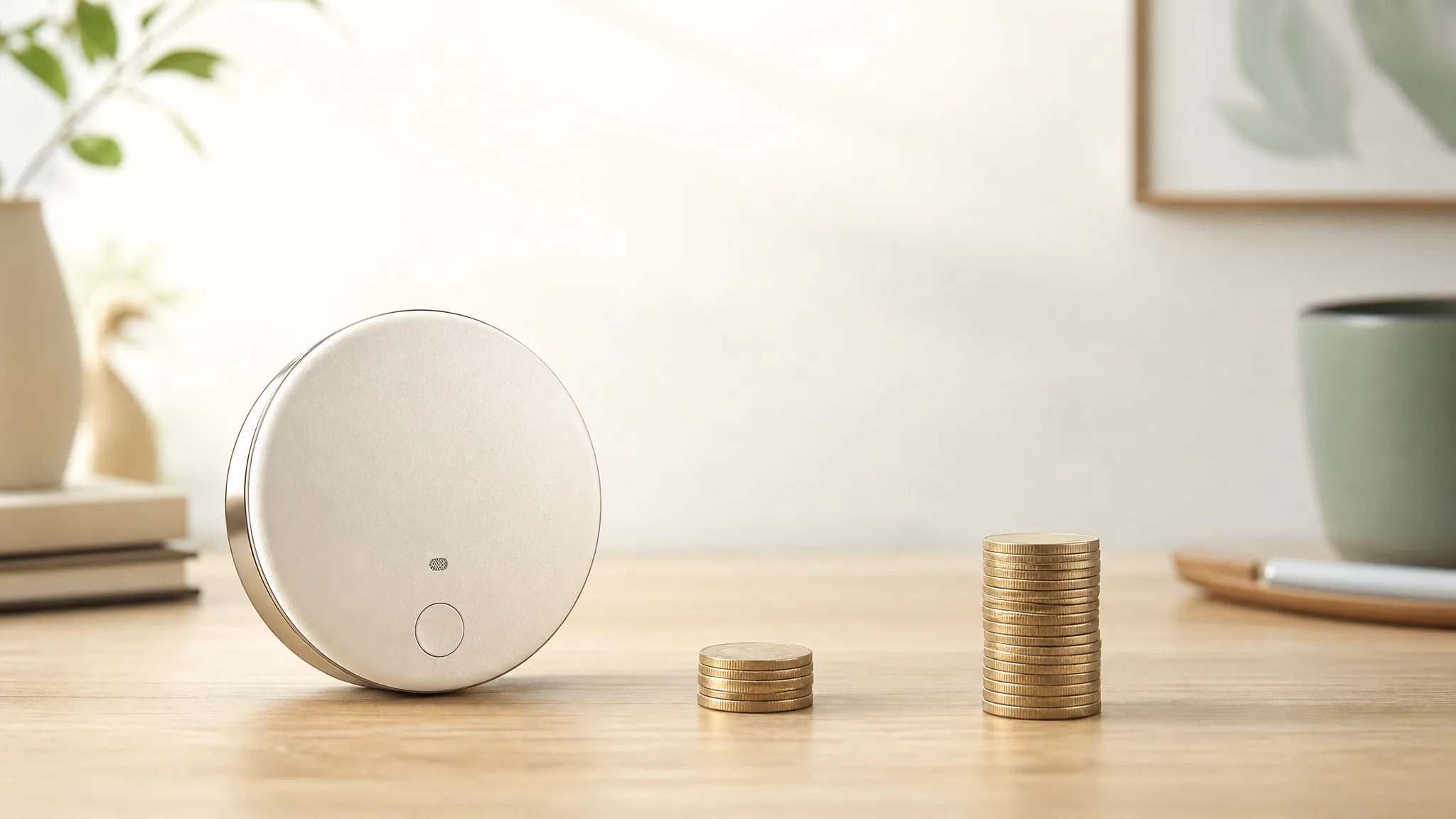 The round recorder beside a small coin stack and a taller one further away
