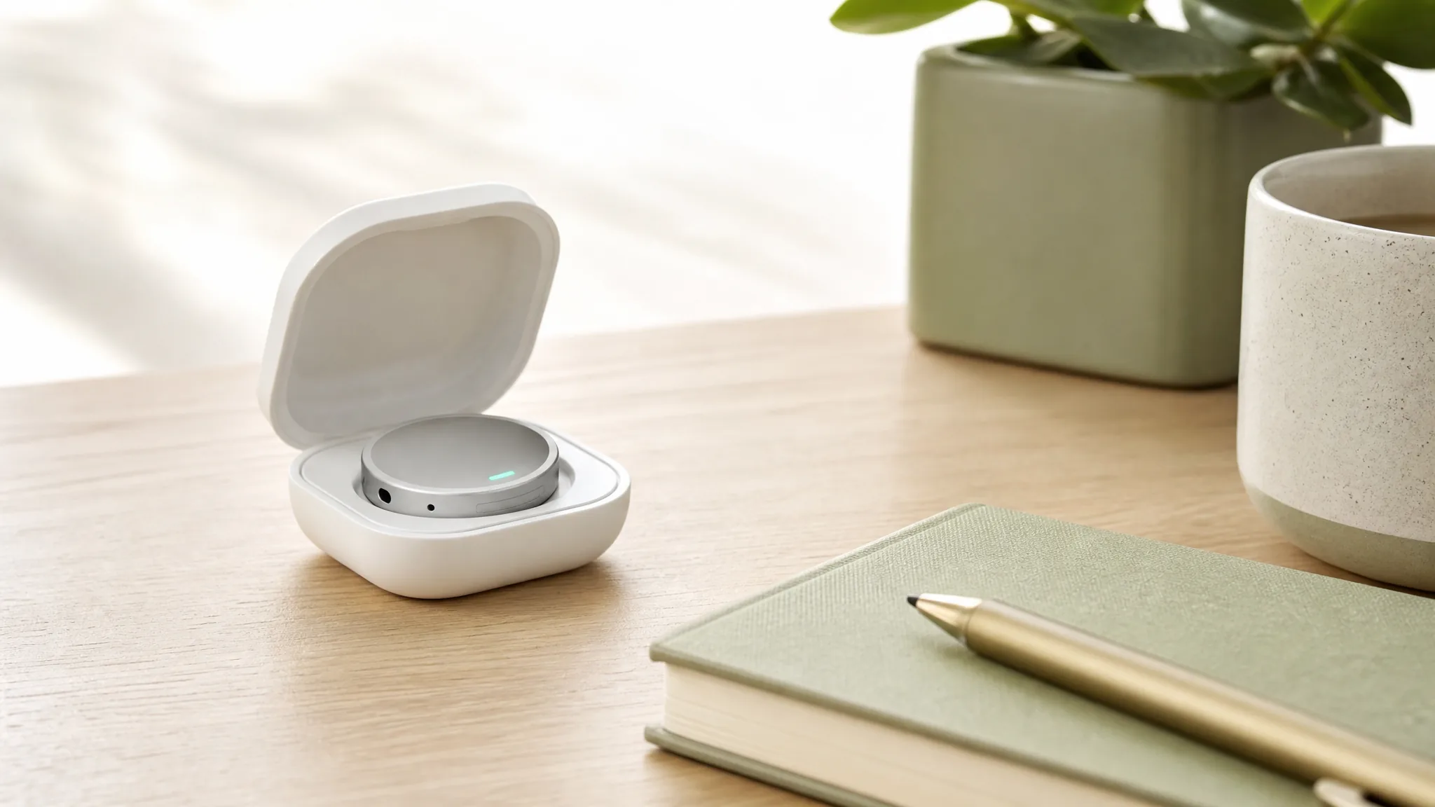 A slim round wearable AI recorder puck in a charging case on a light oak desk