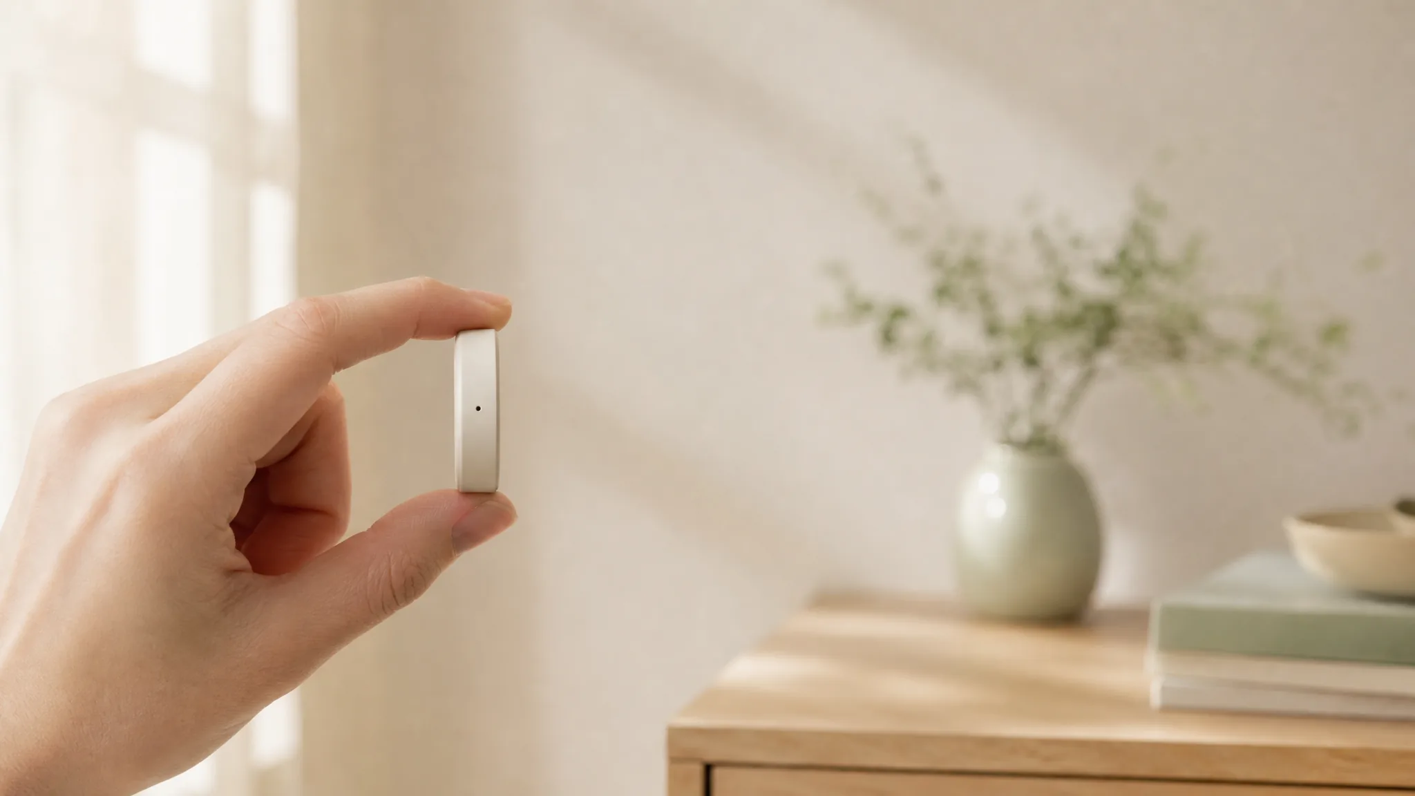The thin round recorder held between two fingers showing its slim profile