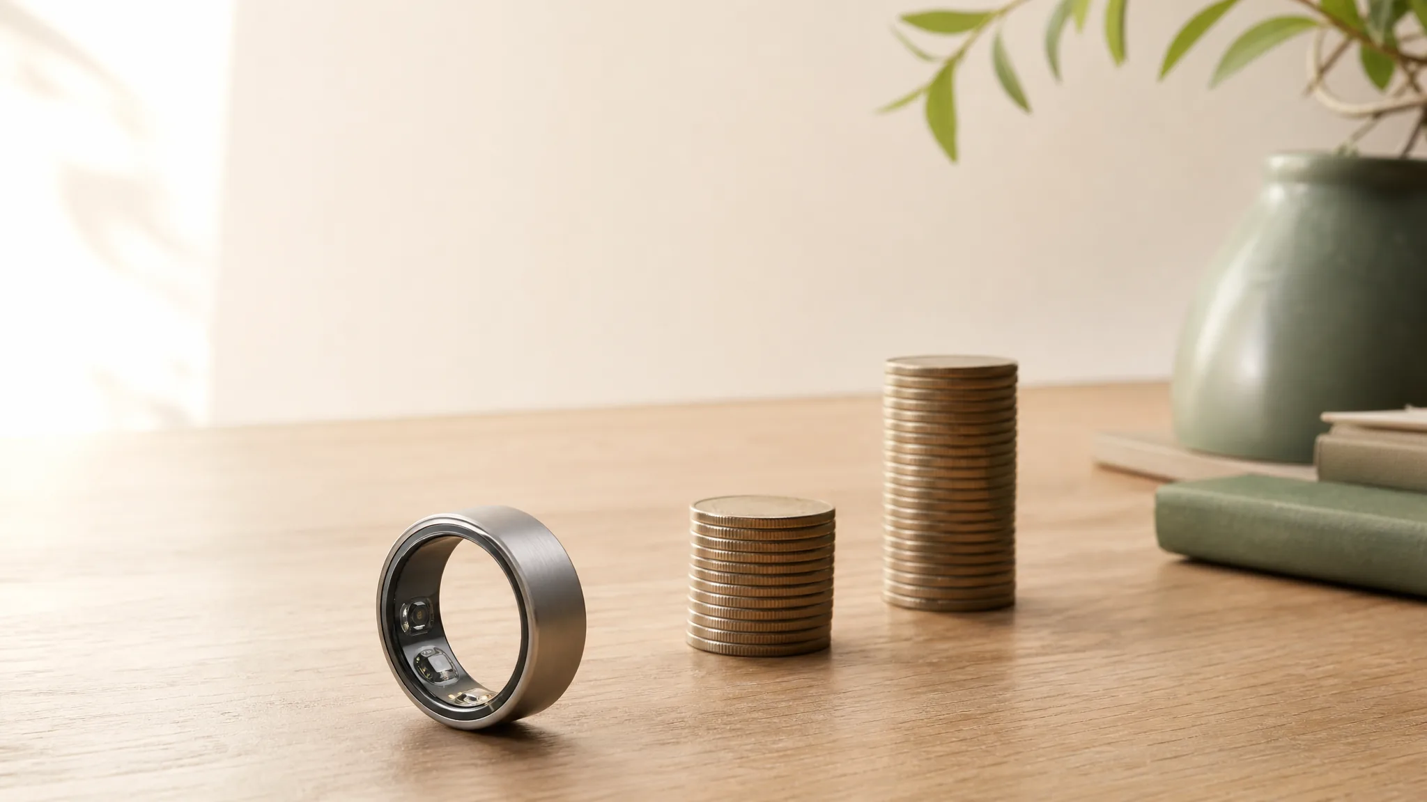 A titanium ring in the foreground on an oak desk with neat coin stacks of different heights behind it