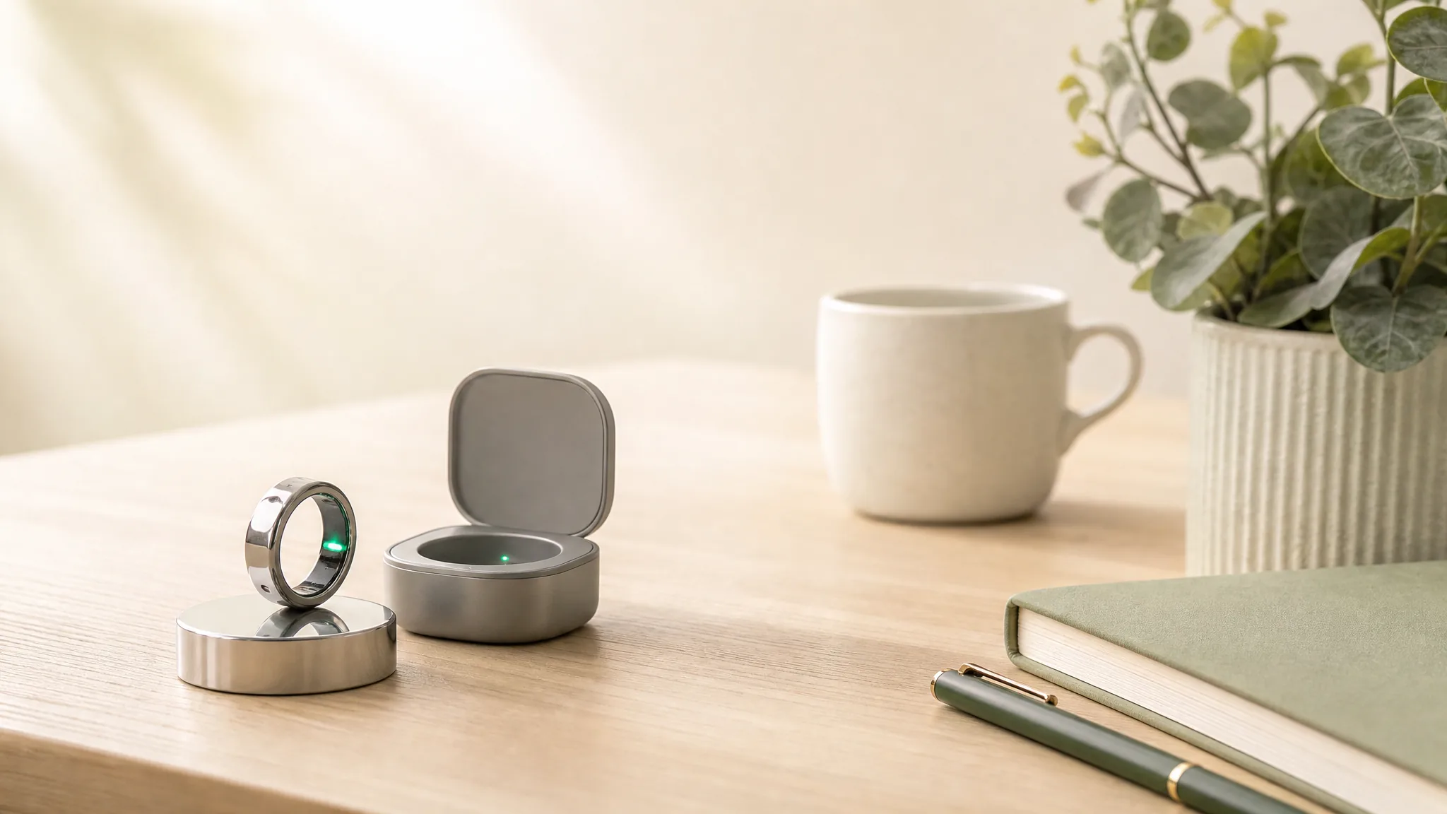 A polished titanium smart ring standing on a reflective surface beside its charging case
