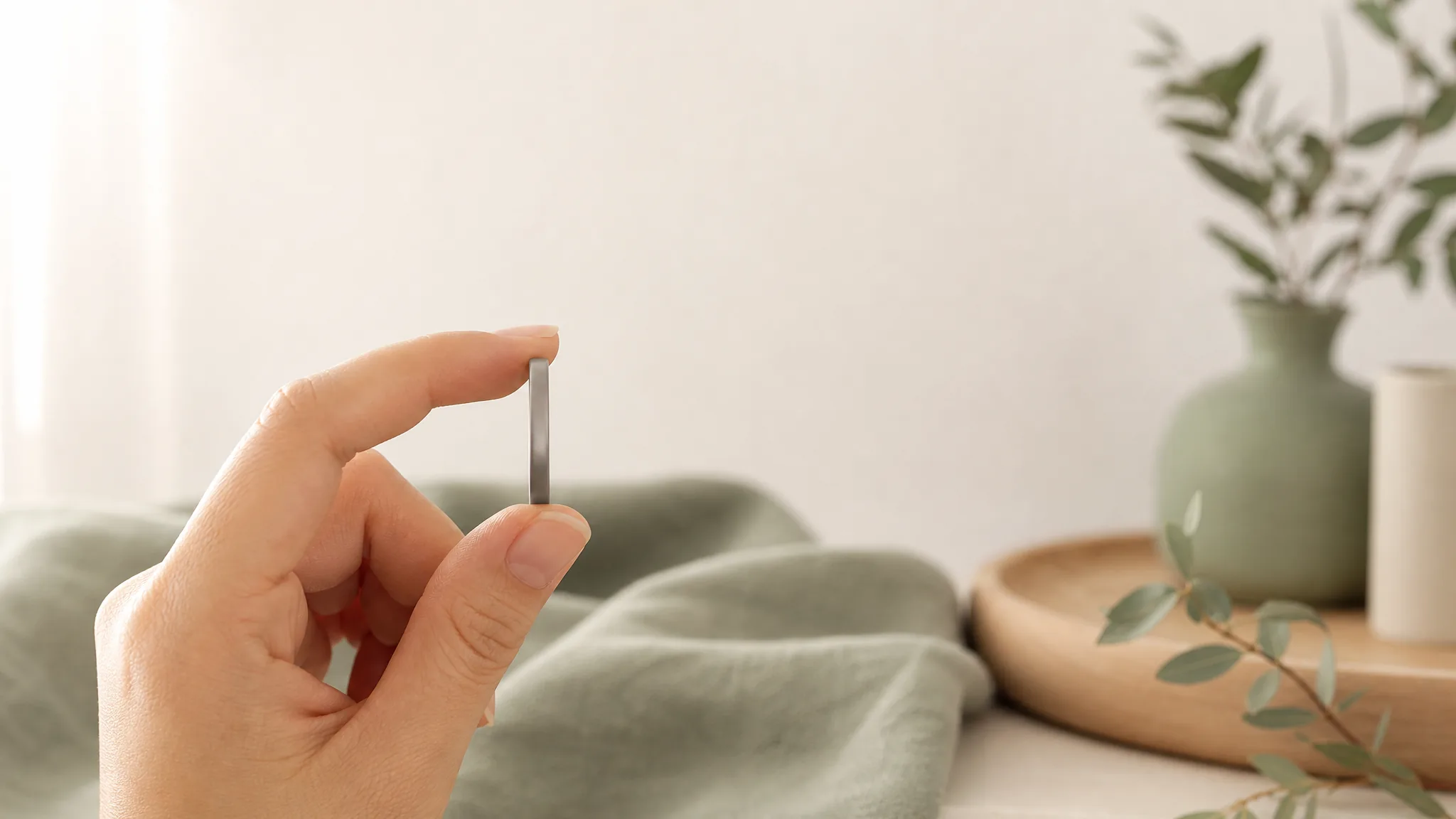 A slim titanium band held between thumb and forefinger showing how thin the ring is