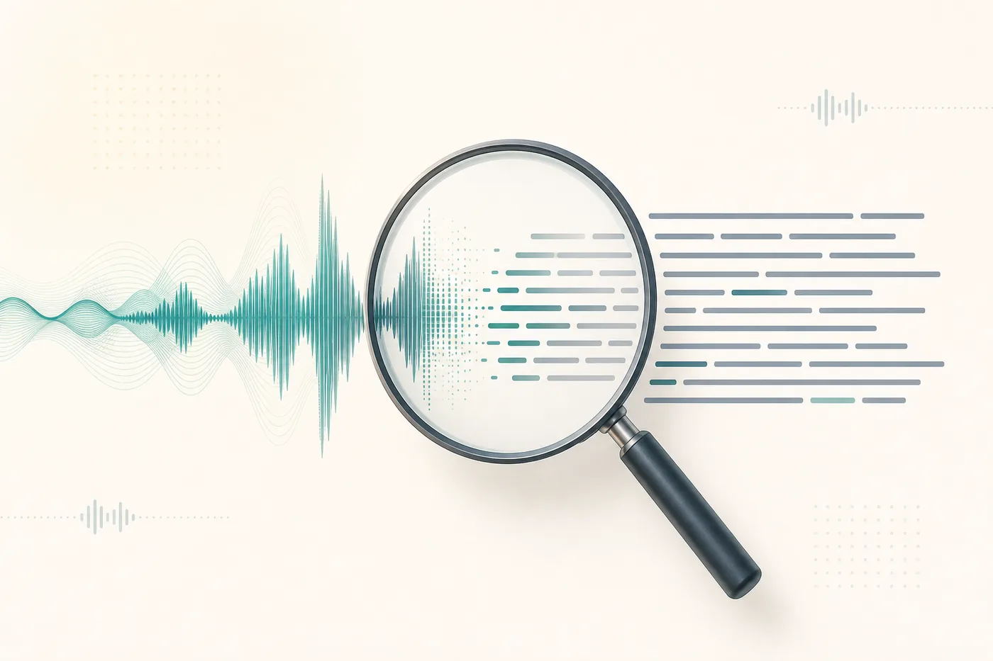 An audio waveform transforming into clean text lines under a magnifying lens