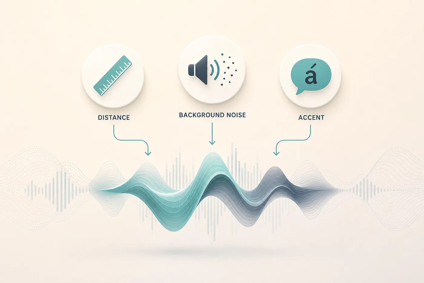 Distance, background noise, and accent icons acting on a central sound wave