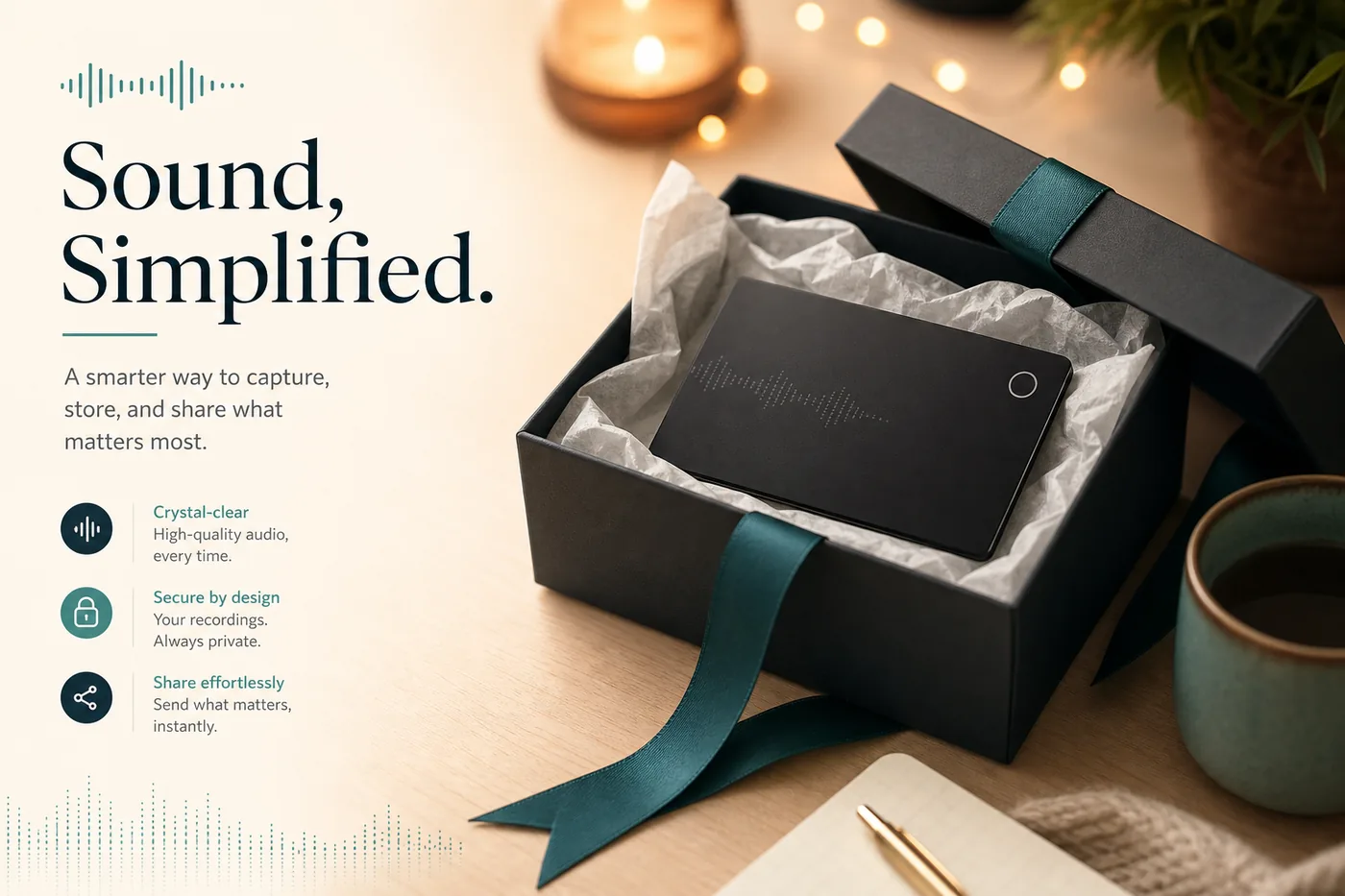 A matte gift box opened to reveal a slim AI voice recorder card nested in tissue paper