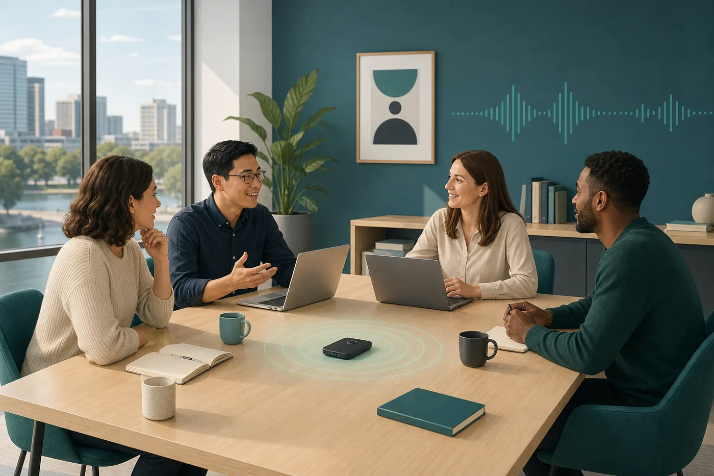 A small team meeting around a table with a compact AI voice recorder placed at the center