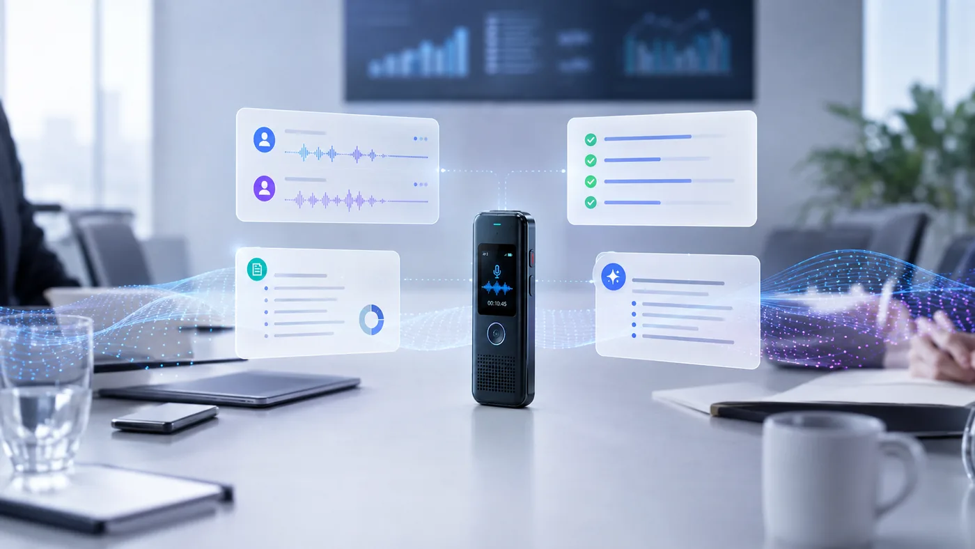AI recorder in a meeting with separate speaker waveforms and structured notes floating around it