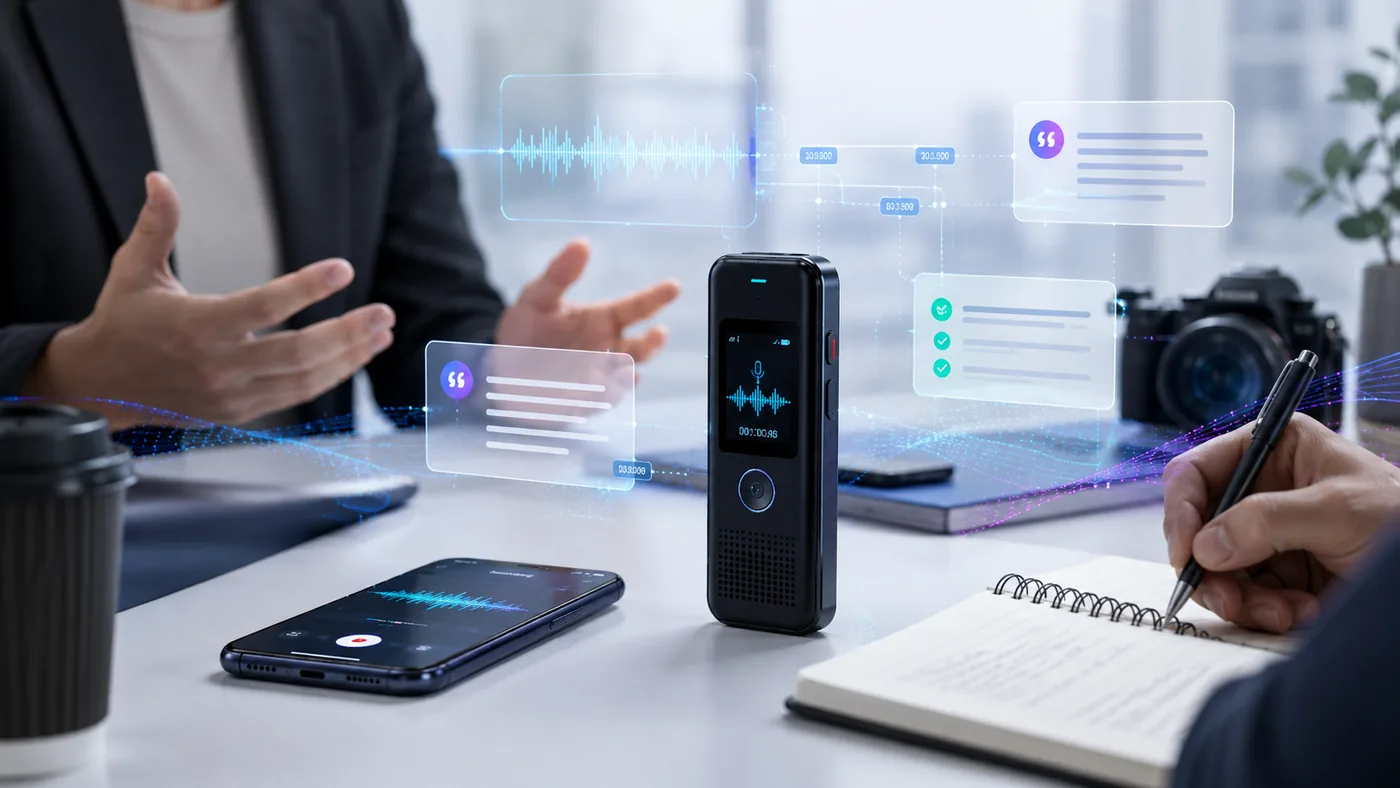 AI voice recorder capturing an interview while a person takes notes