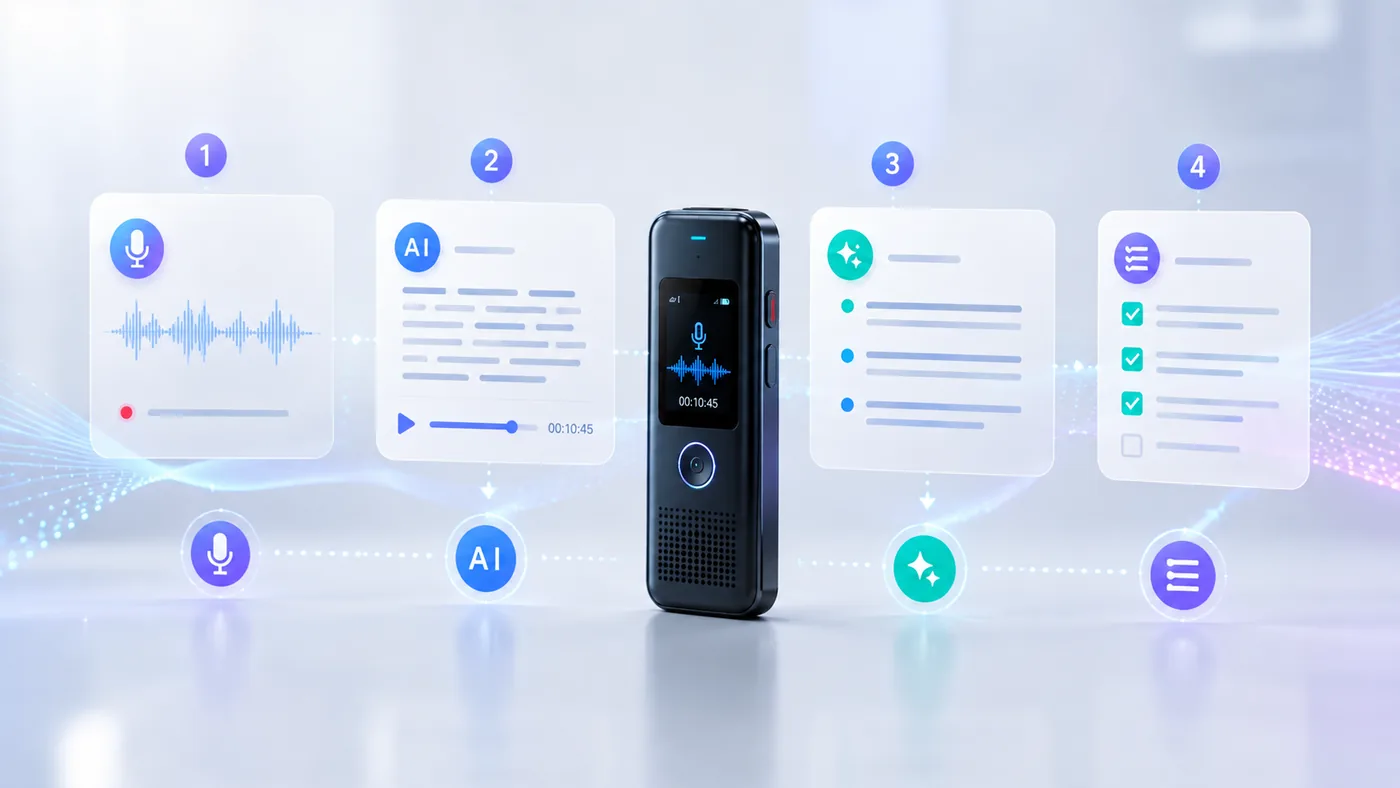 Four-stage AI voice recorder process showing recording, transcription, AI summary and organized notes