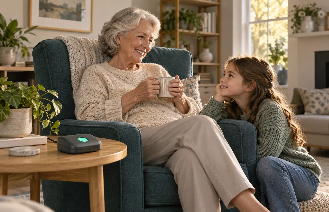 A simple one-button card recorder on a side table in a cozy living room
