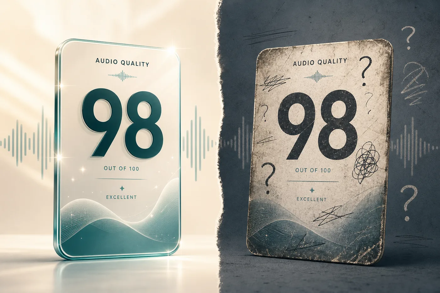 A polished 98% claim card beside its noisier real-world counterpart