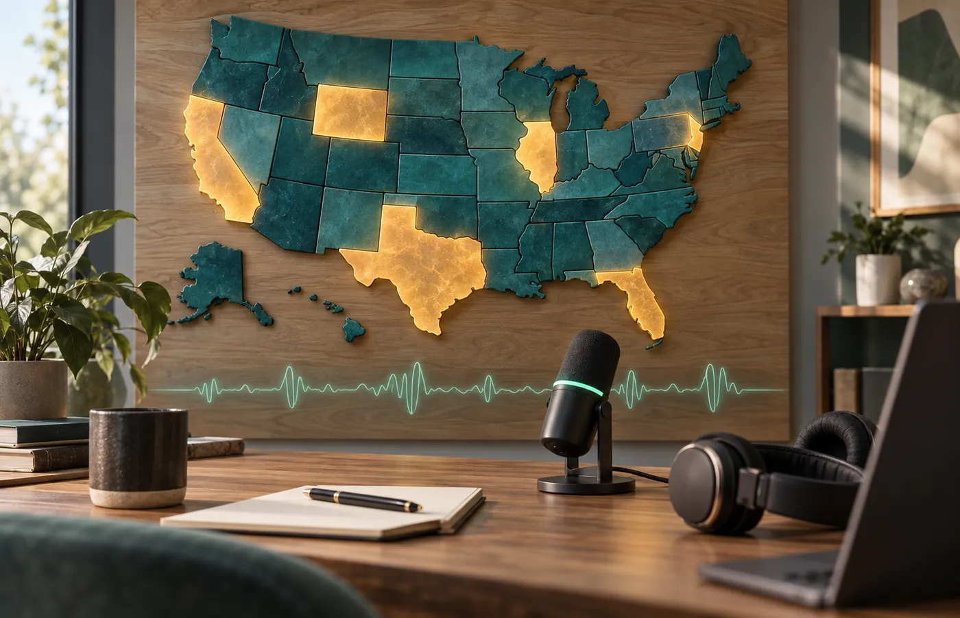 Abstract US map illustration representing varying state recording-consent rules