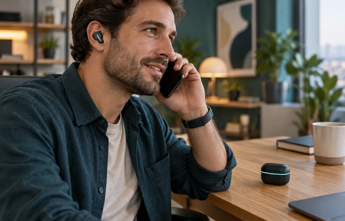 An earbud-based recorder capturing a phone call
