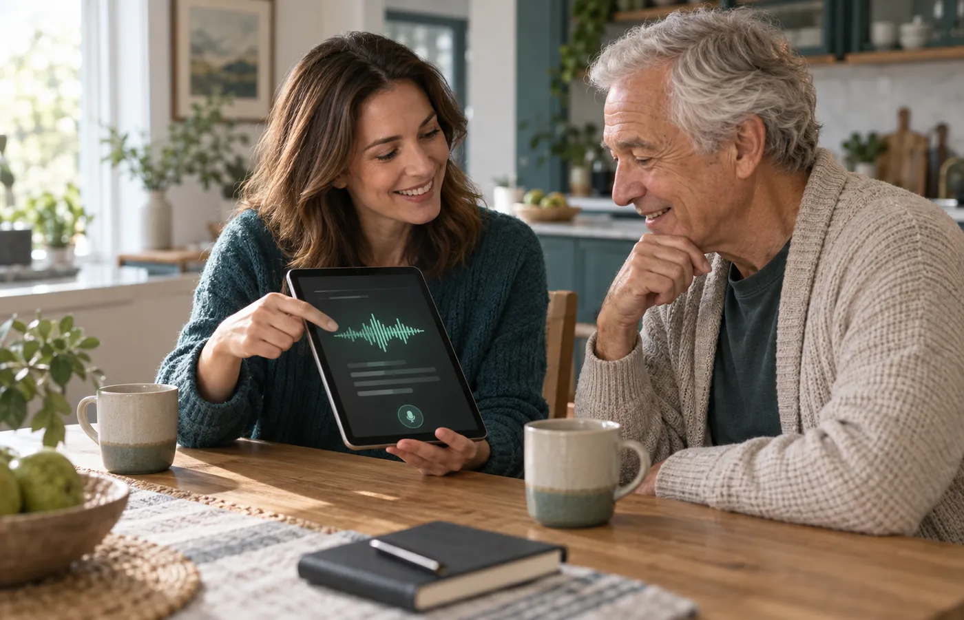 An adult child sharing a transcript with an older parent on a tablet