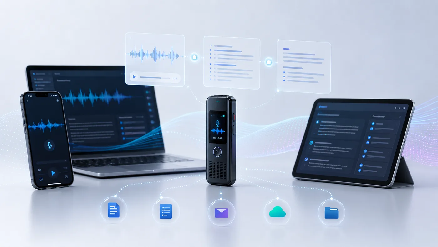 AI recorder connected visually to a phone, laptop, tablet, documents, email and cloud storage