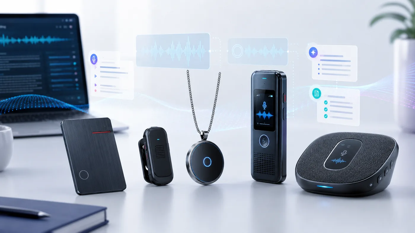 A lineup of several modern AI recorder form factors on a clean technology desk