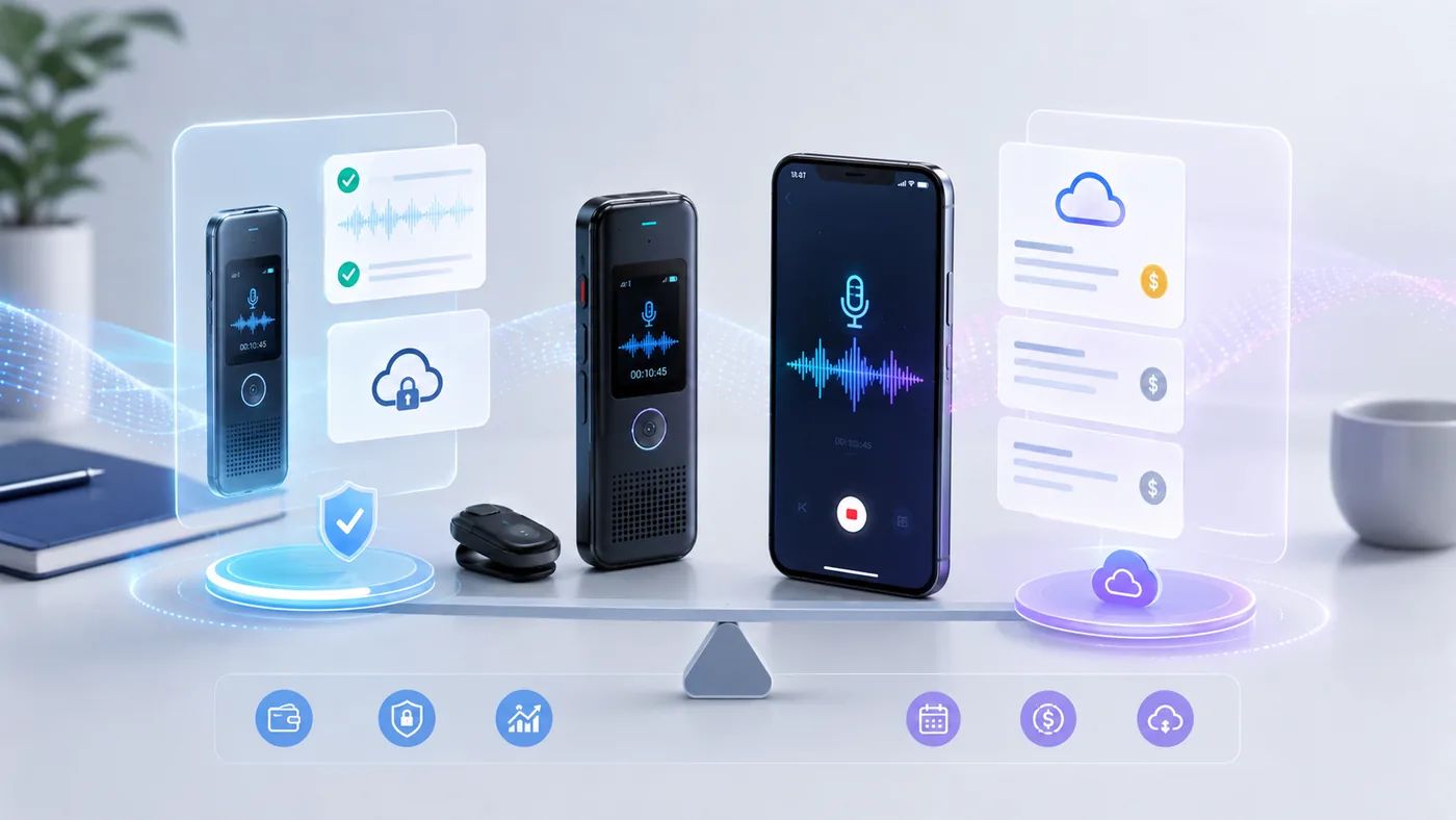 AI recorder hardware balanced against cloud subscription and privacy concepts