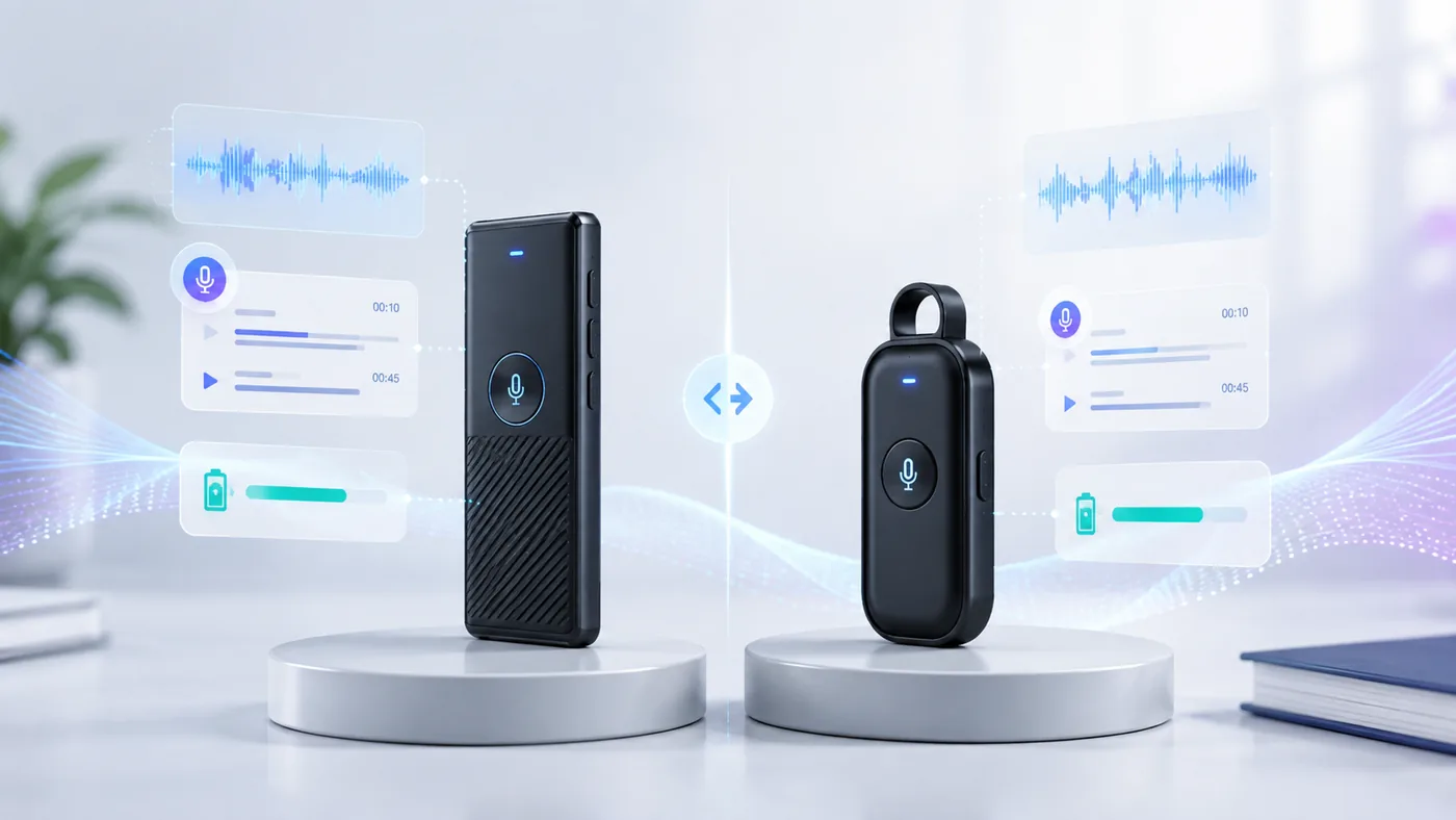 Two compact AI voice recorders displayed side by side with waveform and battery comparison graphics