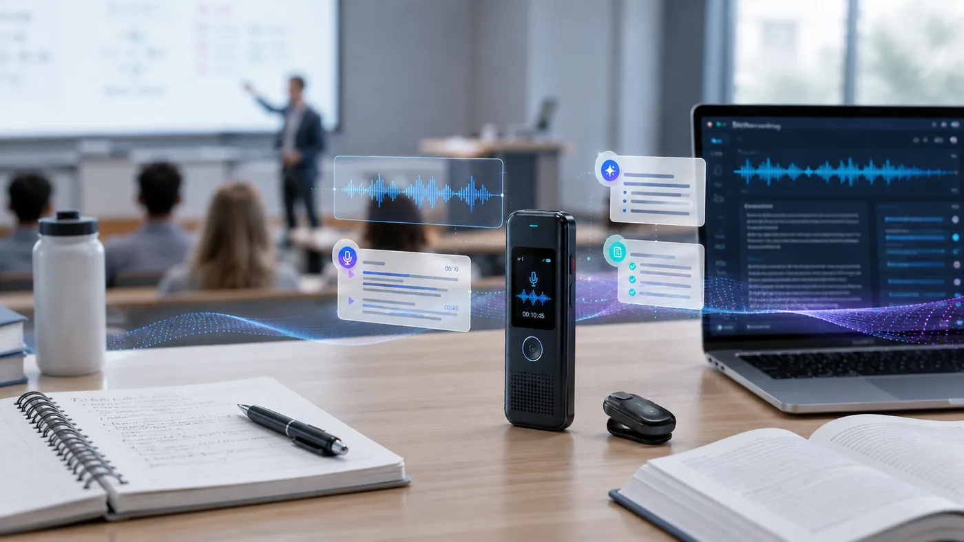 AI recorder on a classroom desk beside notes and a laptop while a lecture is being transcribed